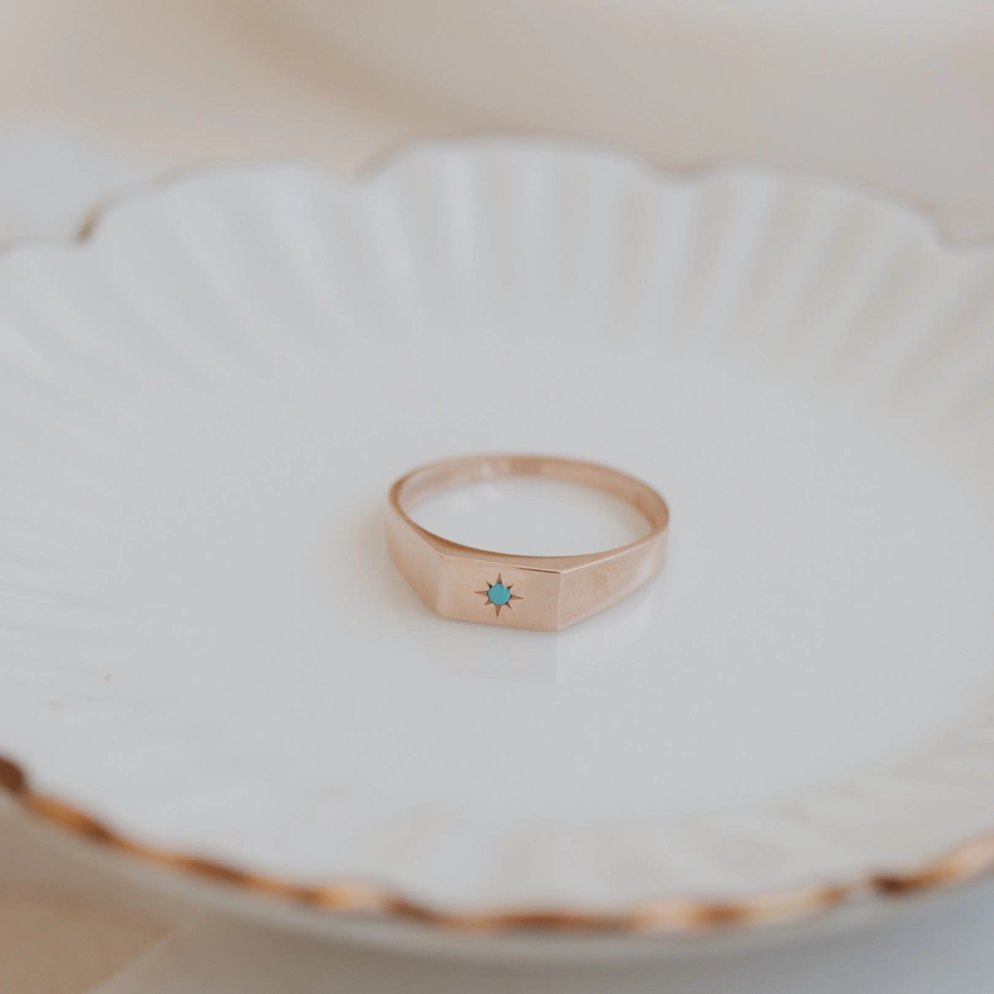 Dainty Turquoise Signet Ring in 14k Gold with North Star Design Orizzo fine jewelry