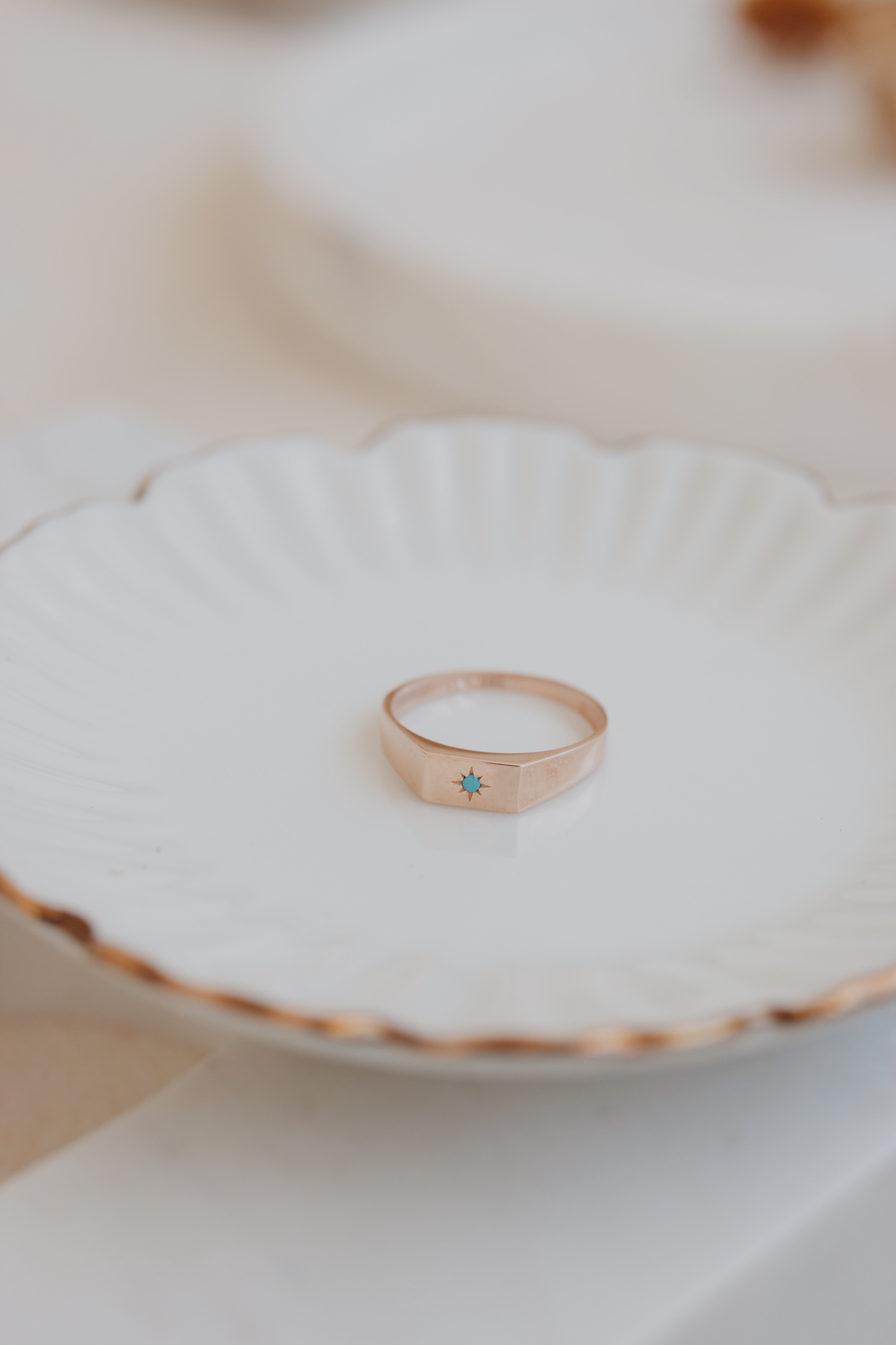 Dainty Turquoise Signet Ring in 14k Gold with North Star Design Orizzo fine jewelry