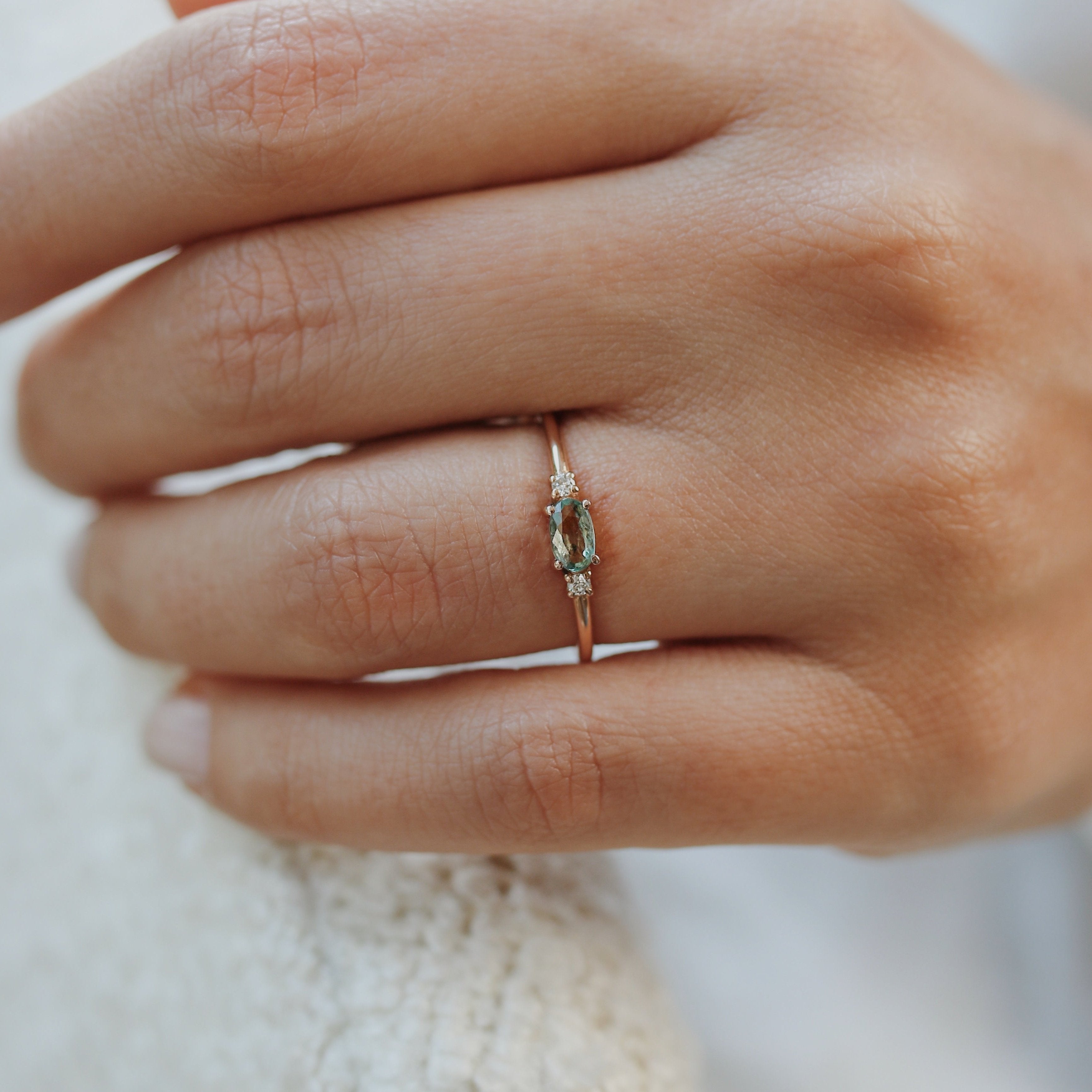 Three Stone Oval Green Sapphire Ring With Diamond