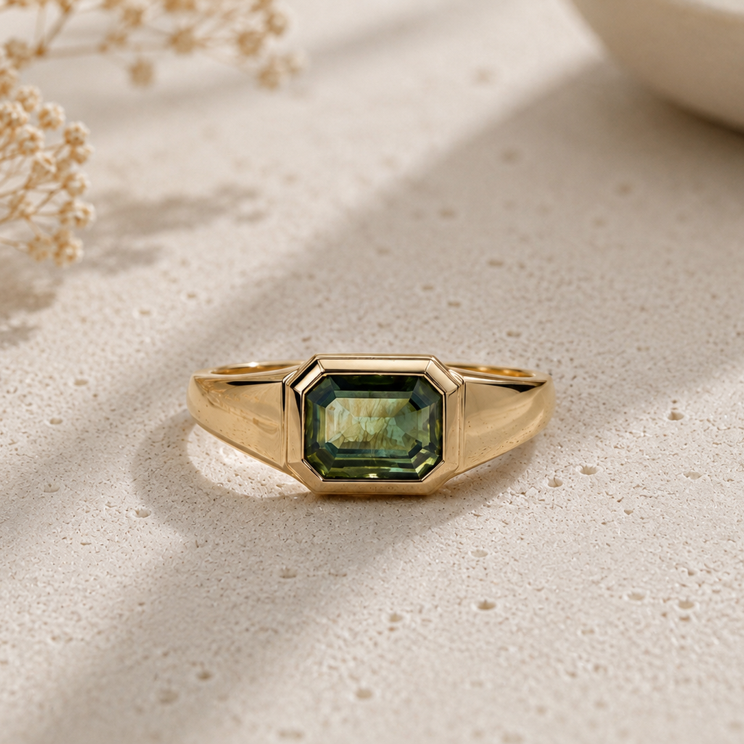Green Sapphire Signet 14K Gold Ring