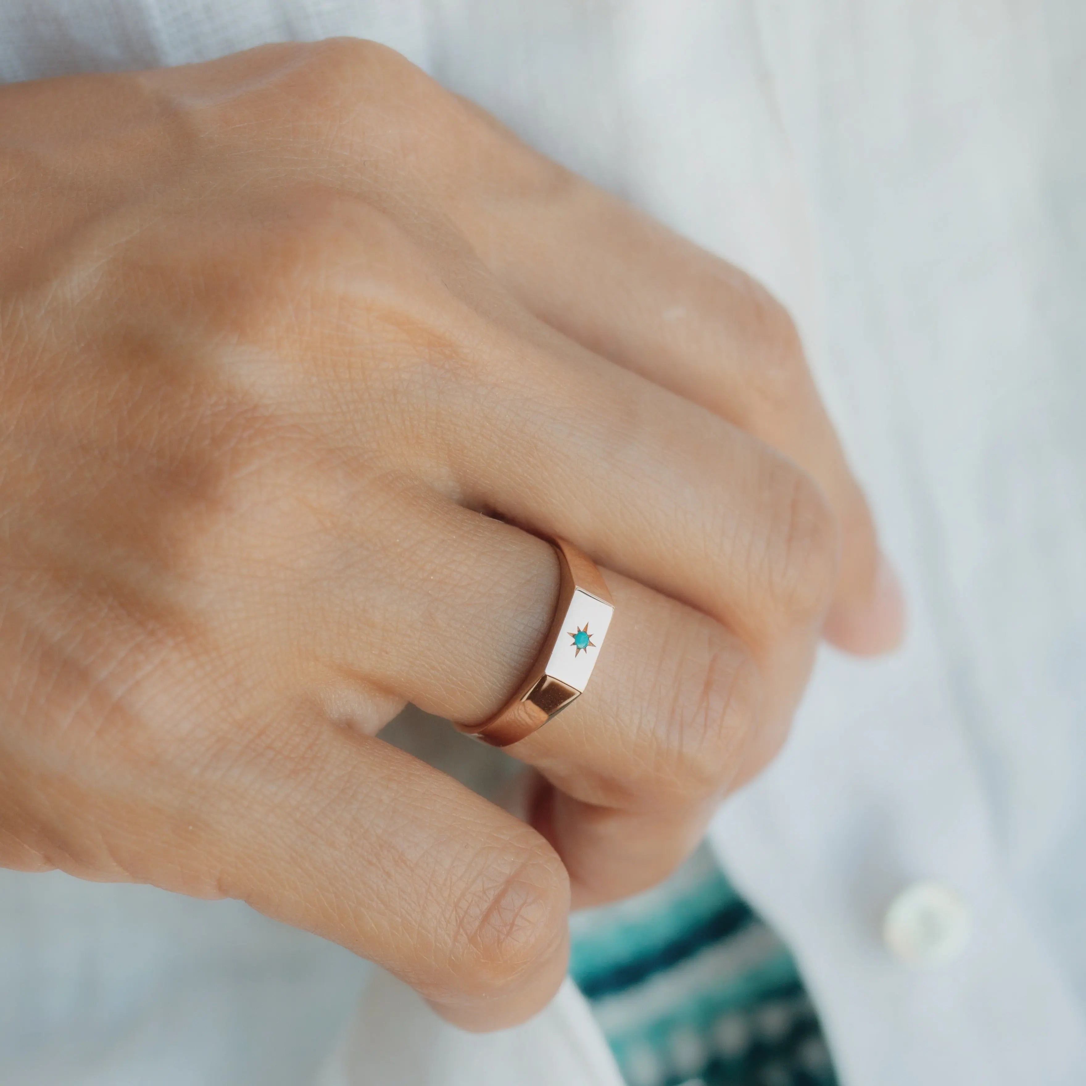 Dainty Turquoise Signet Ring in 14k Gold with North Star Design Orizzo fine jewelry