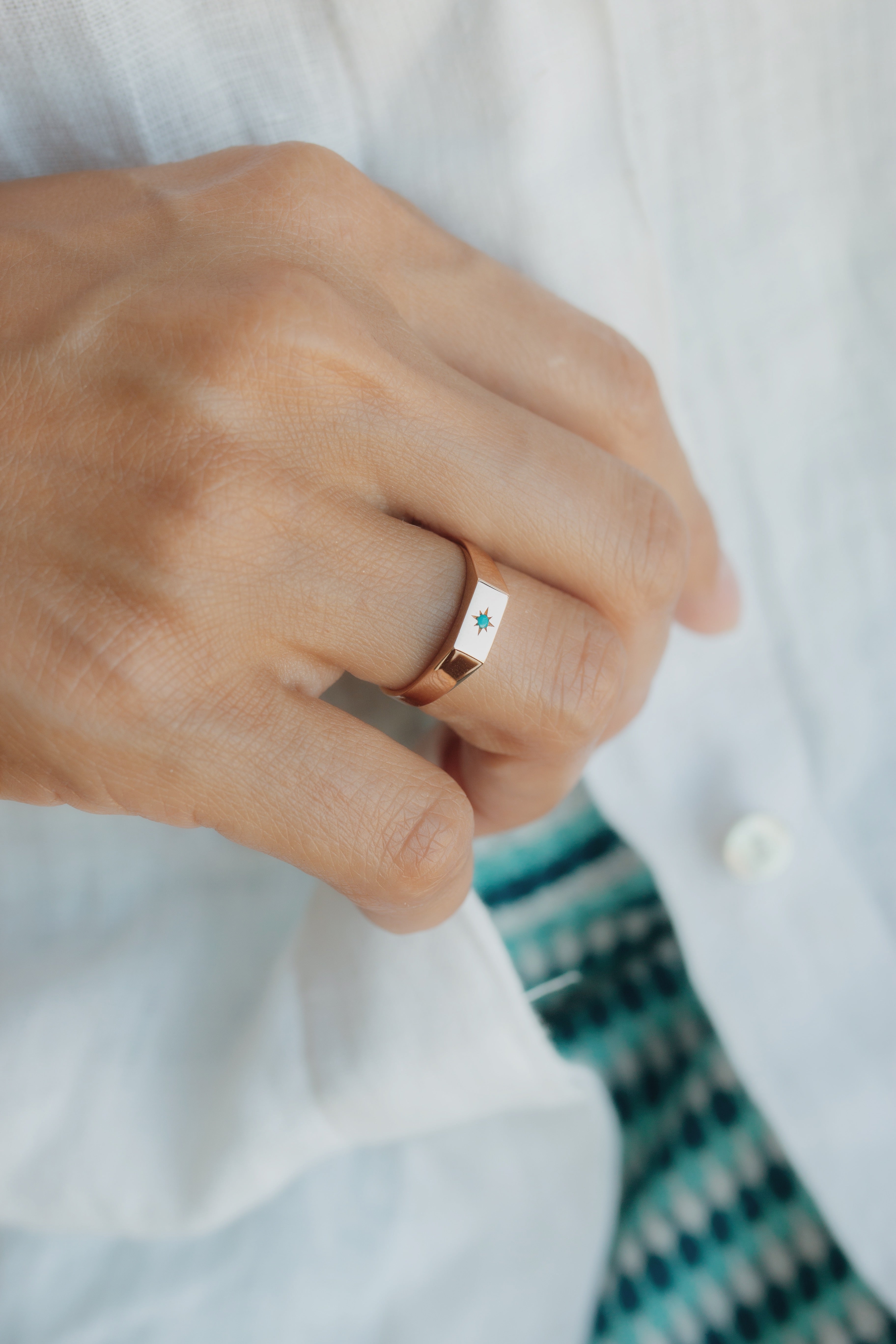 Dainty Turquoise Signet Ring in 14k Gold with North Star Design Orizzo fine jewelry