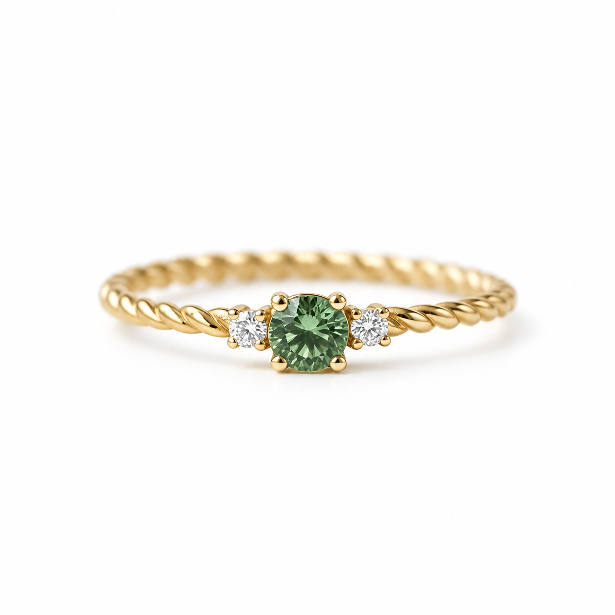 Twisted Band Green Sapphire Engagement Ring With Diamond