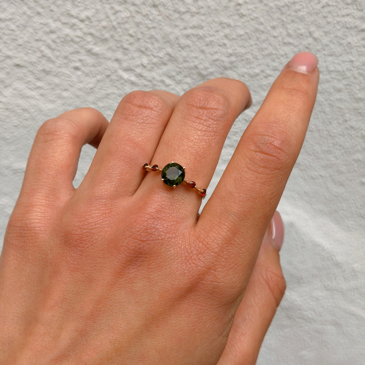 Round Cut Moldavite Ring with Garnets