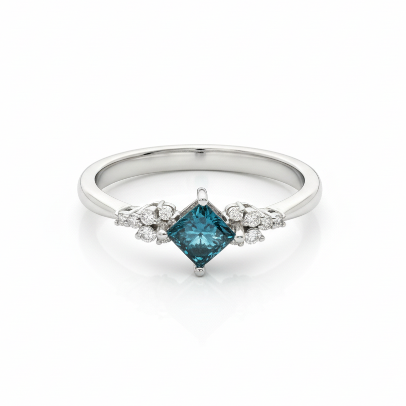 Prinzessschliff Blauer Diamant Verlobungsring – 14 Karat Gold
