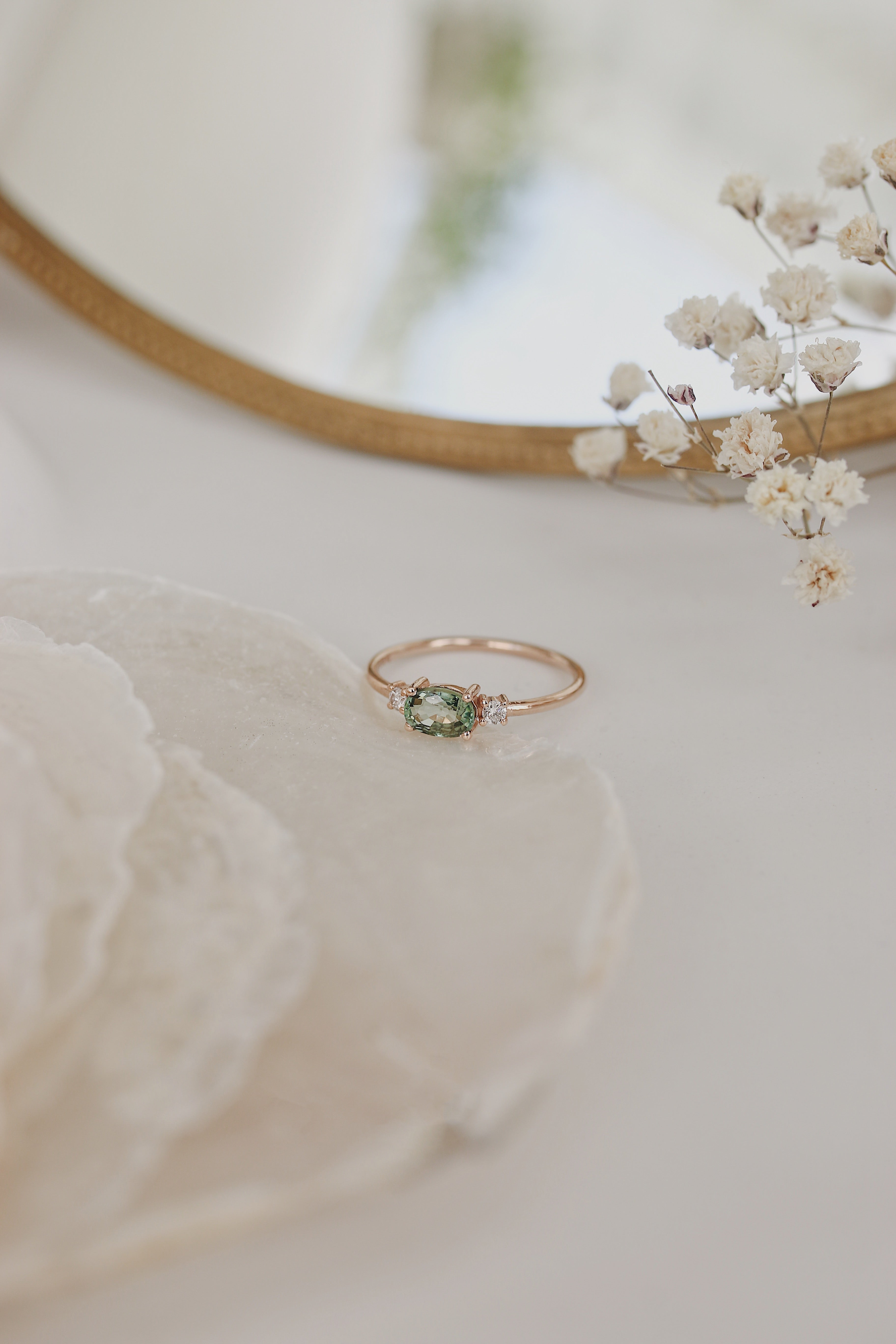 Horizontal Oval Green Sapphire Engagement Ring With Diamond