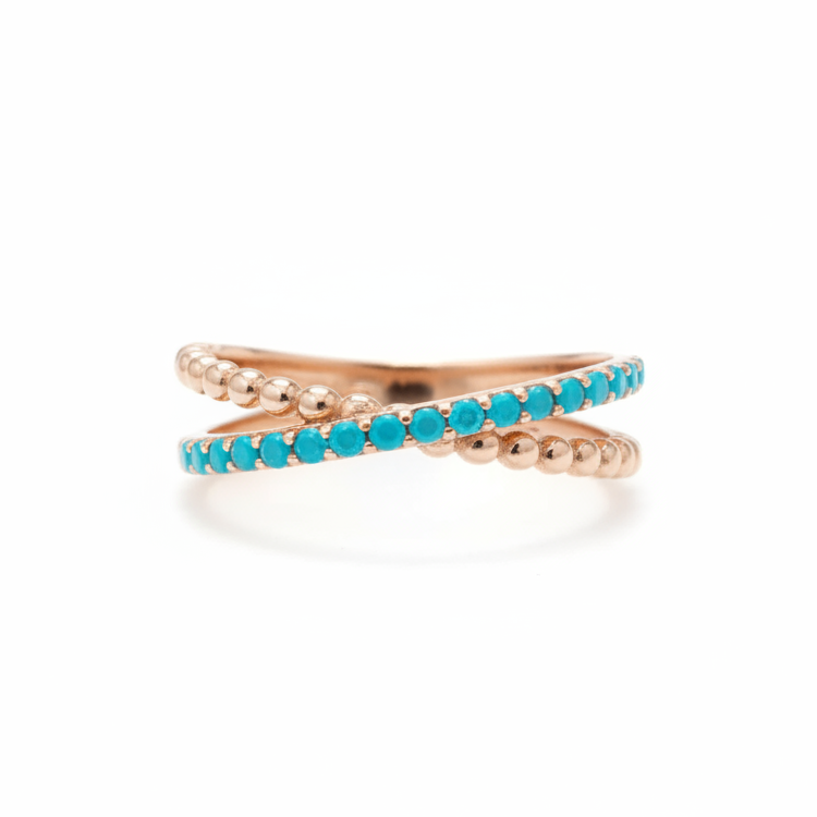 Zlatý prsten s křížovým designem a tyrkysem – 14K