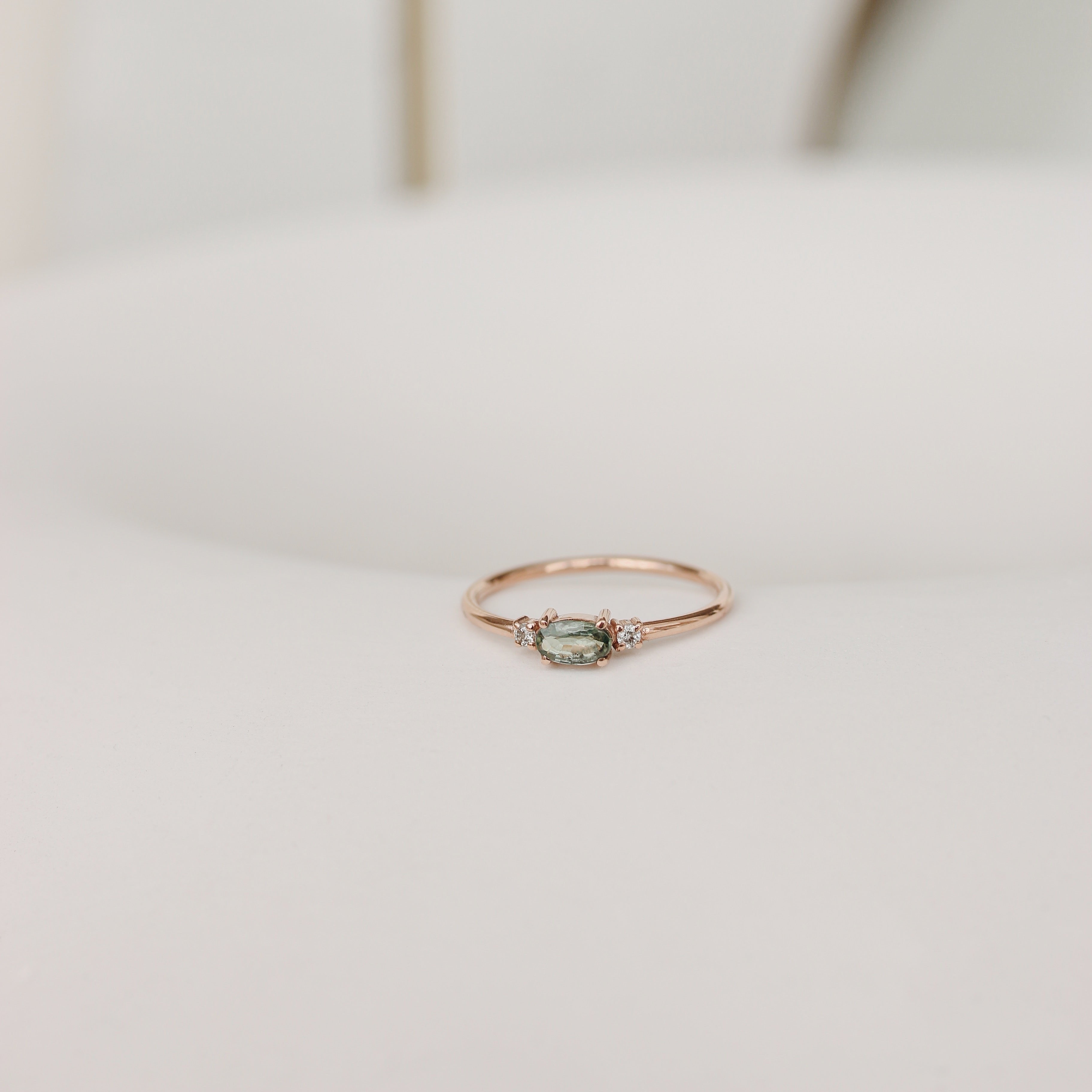 Three Stone Oval Green Sapphire Ring With Diamond