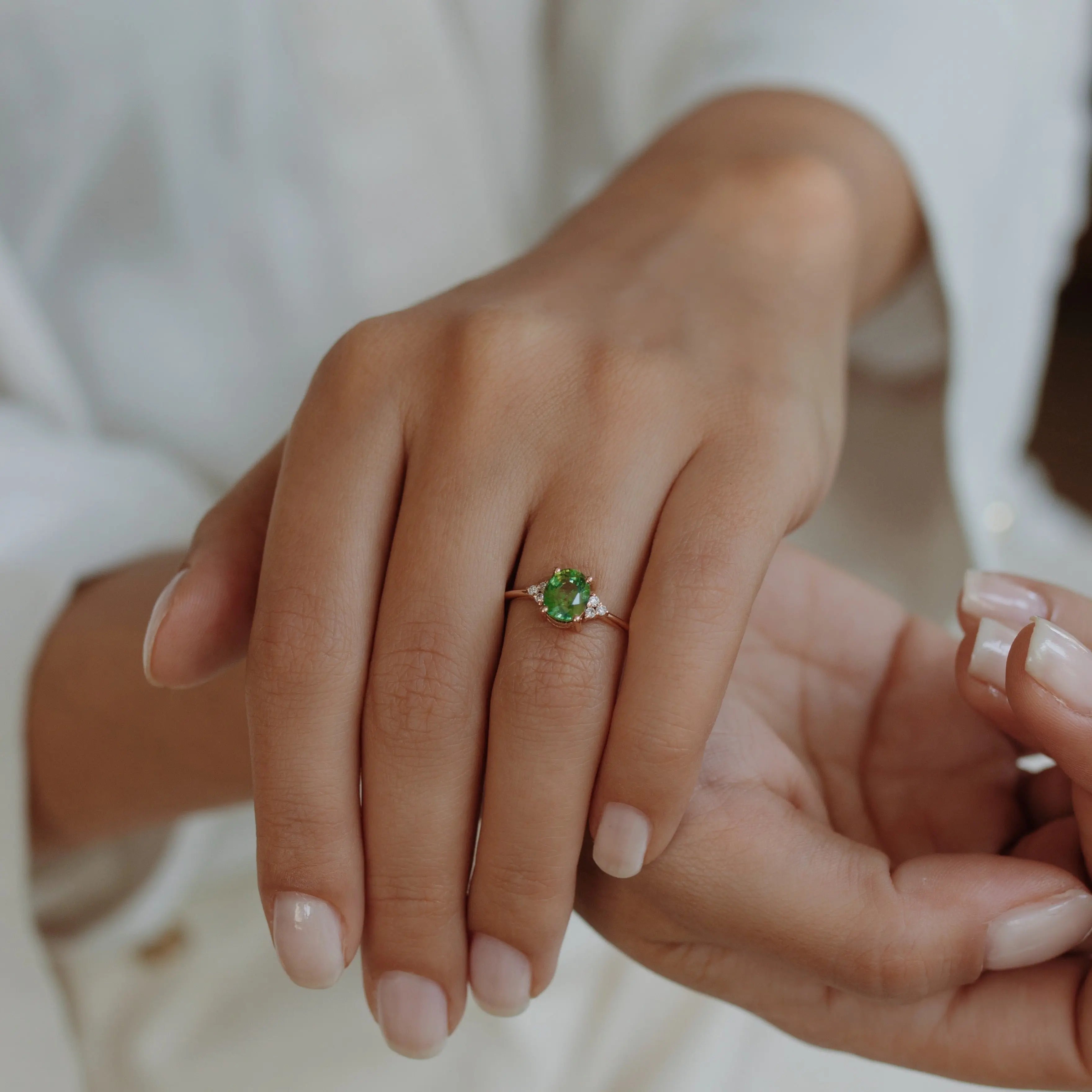 Oval Green Sapphire Engagement Ring With Diamond - Art Deco Style Orizzo fine jewelry