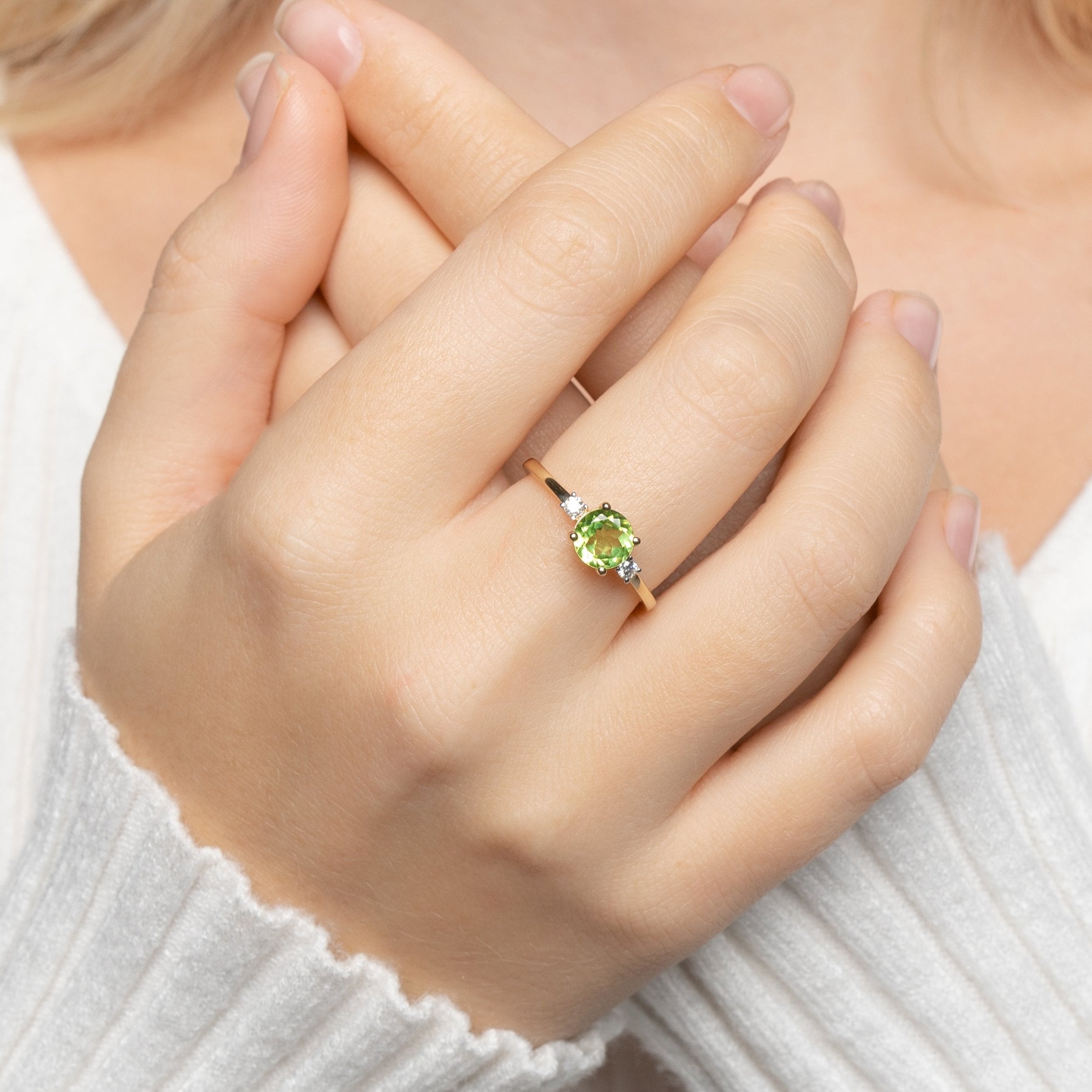 Peridot Three Stone Engagement Ring With Diamond in 14K Solid Gold