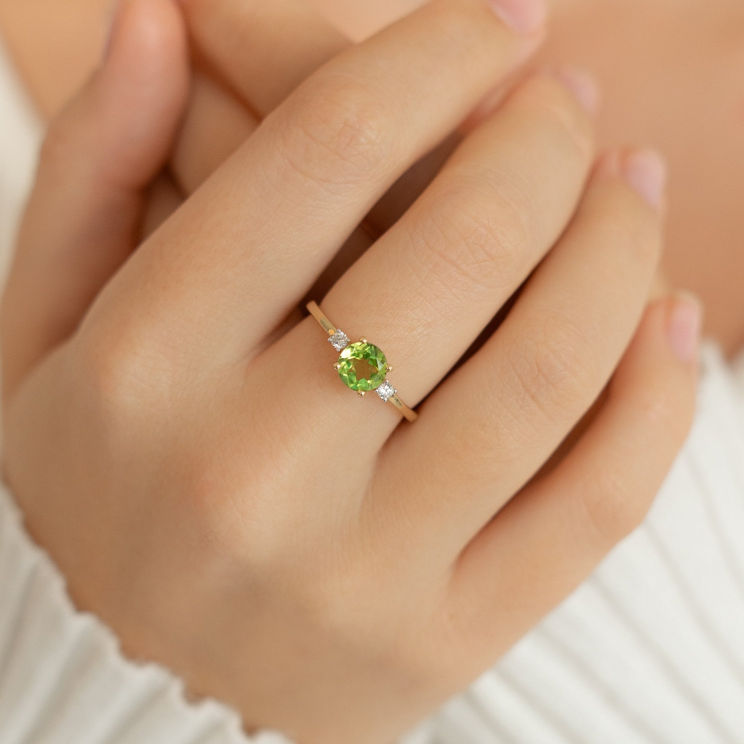 Peridot Three Stone Engagement Ring With Diamond in 14K Solid Gold