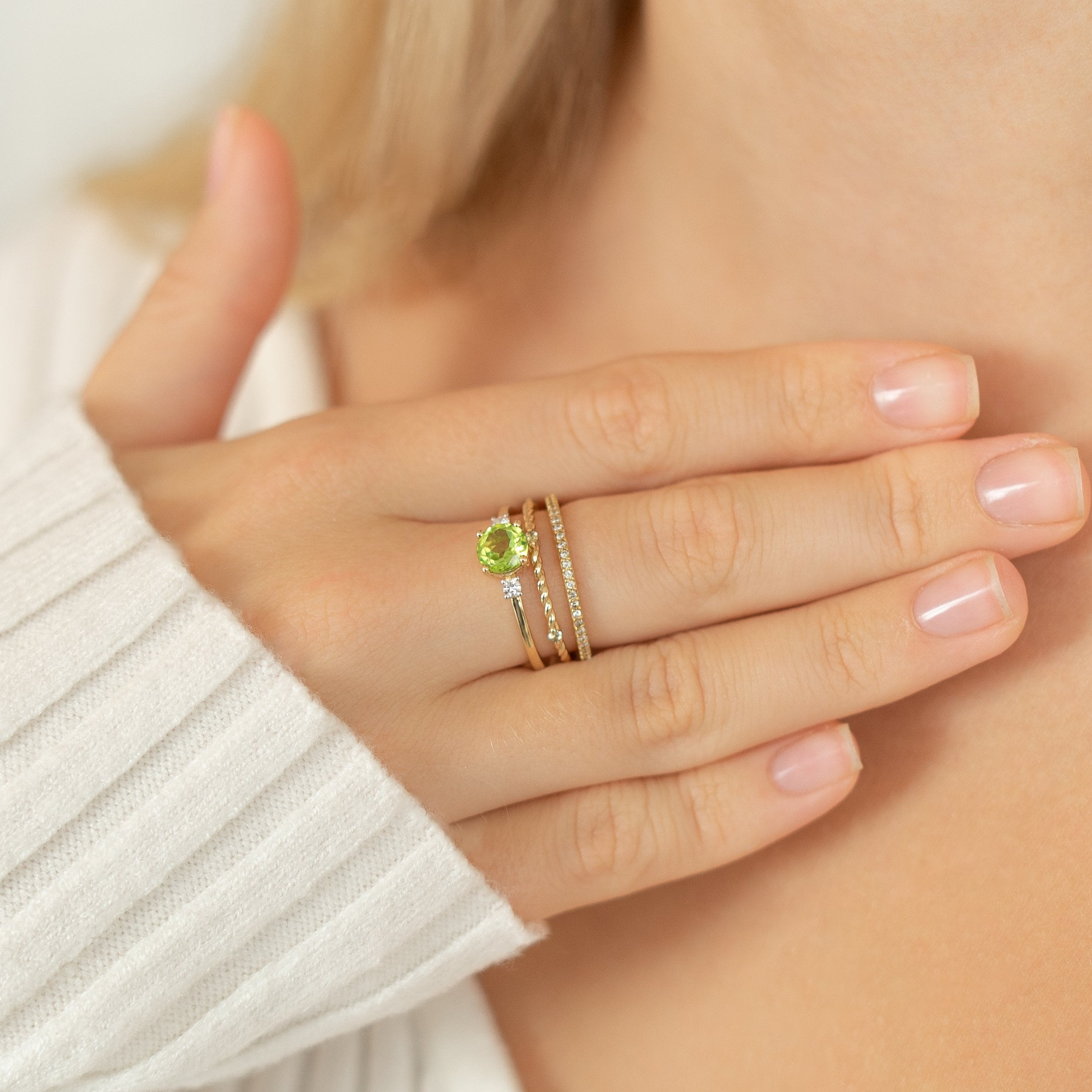 Peridot Three Stone Engagement Ring With Diamond in 14K Solid Gold