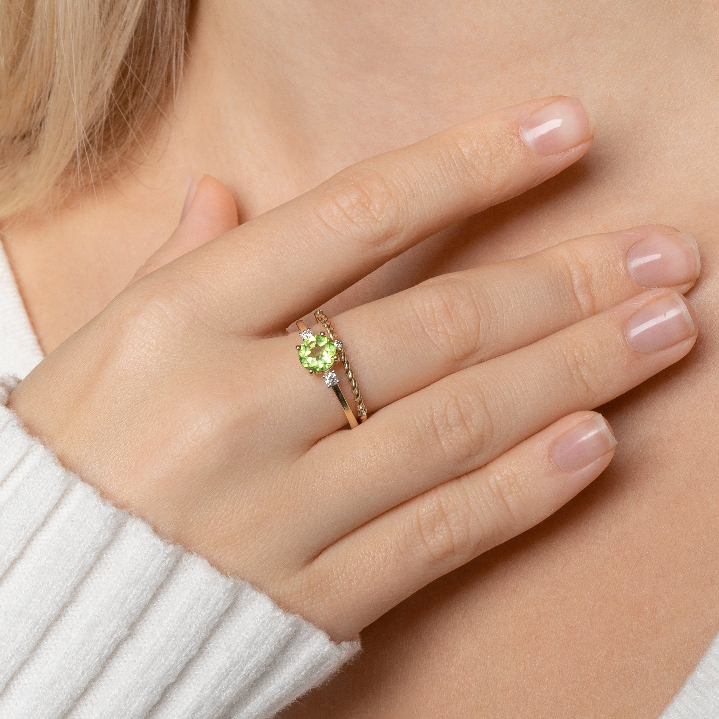 Peridot Three Stone Engagement Ring With Diamond in 14K Solid Gold