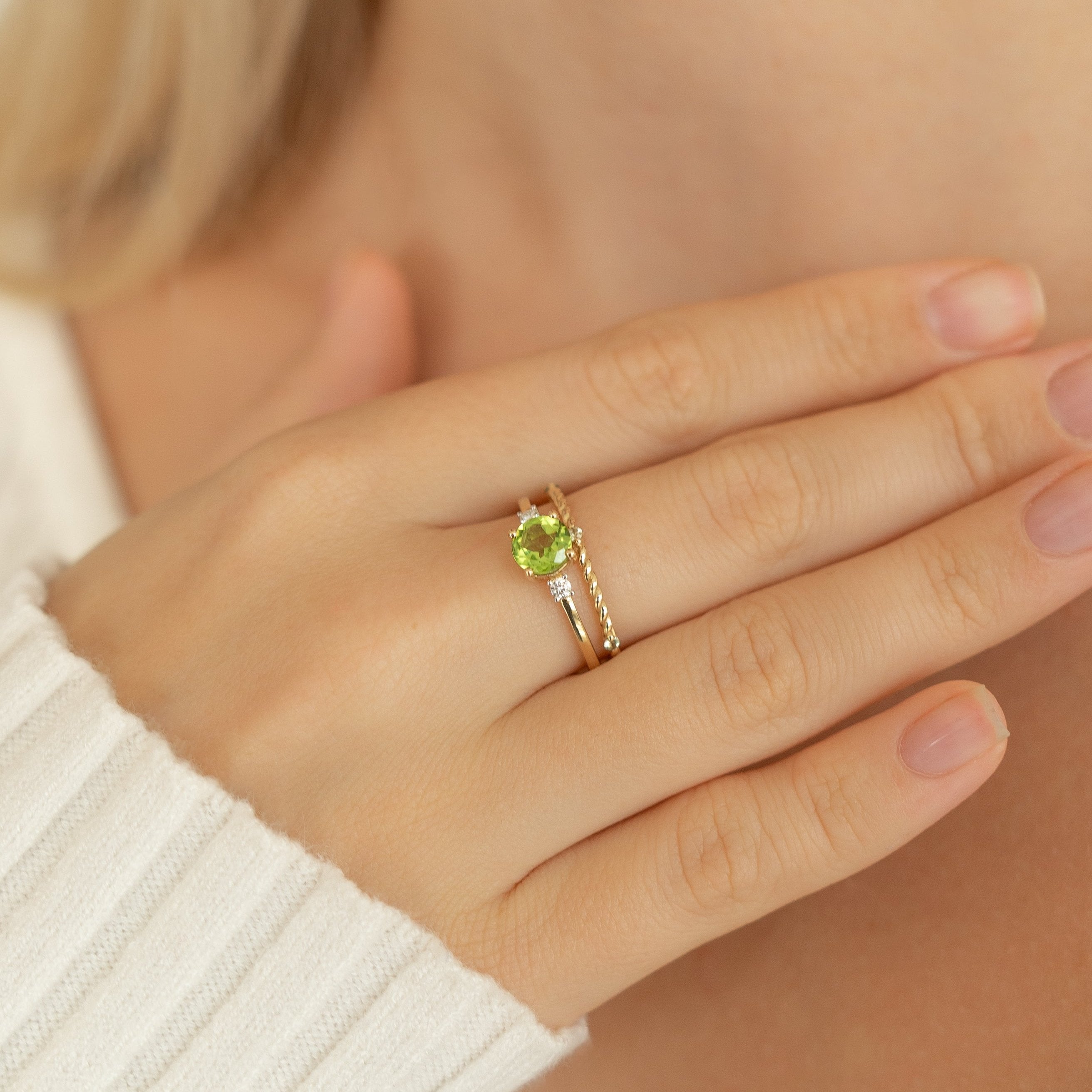 Peridot Three Stone Engagement Ring With Diamond in 14K Solid Gold