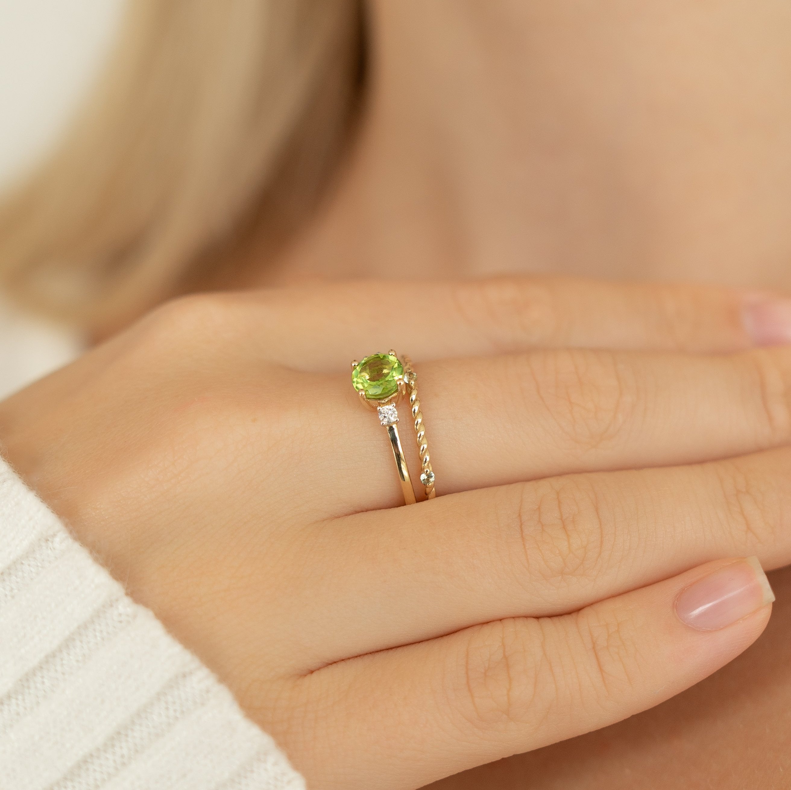 Peridot Three Stone Engagement Ring With Diamond in 14K Solid Gold