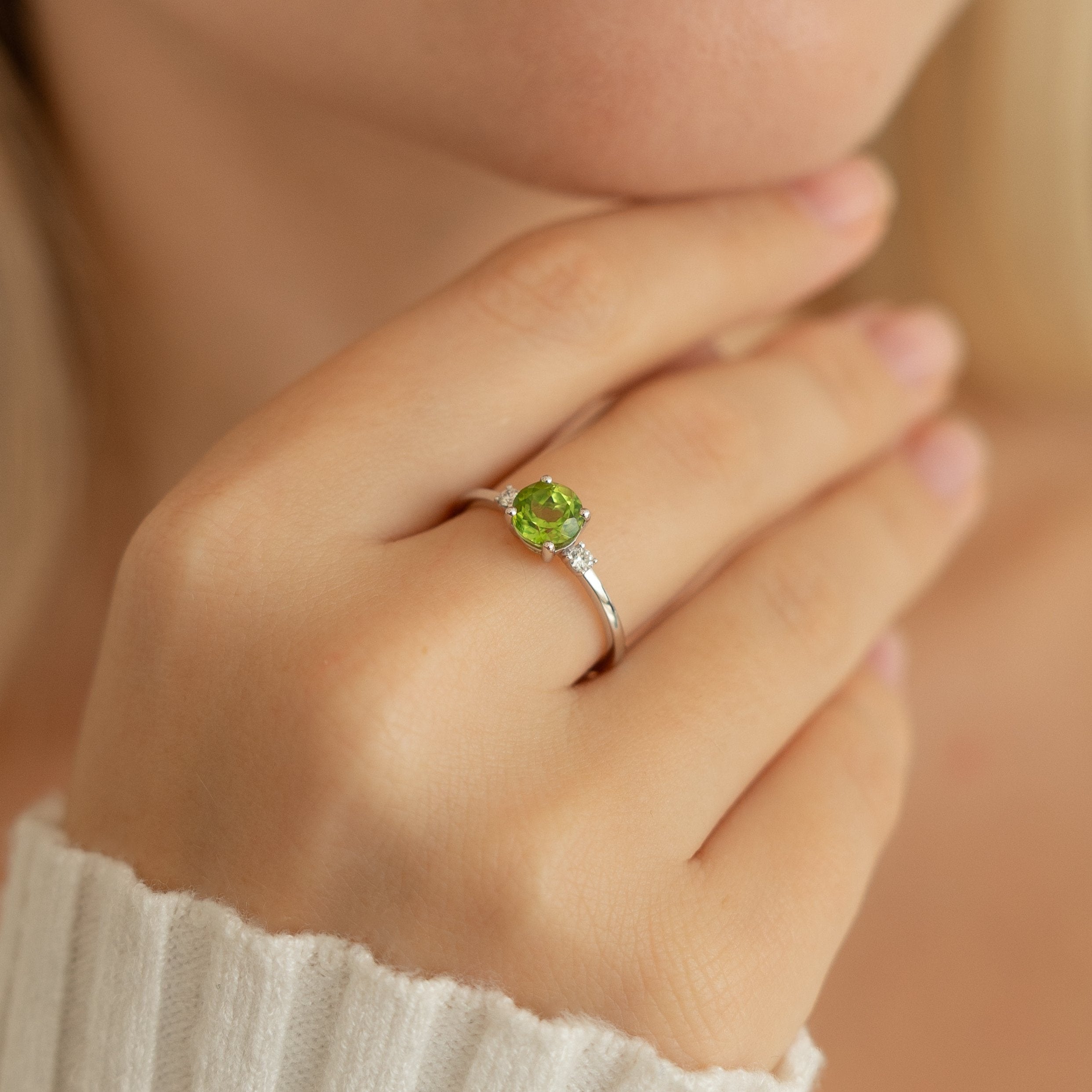 Peridot Three Stone Engagement Ring With Diamond in 14K Solid Gold