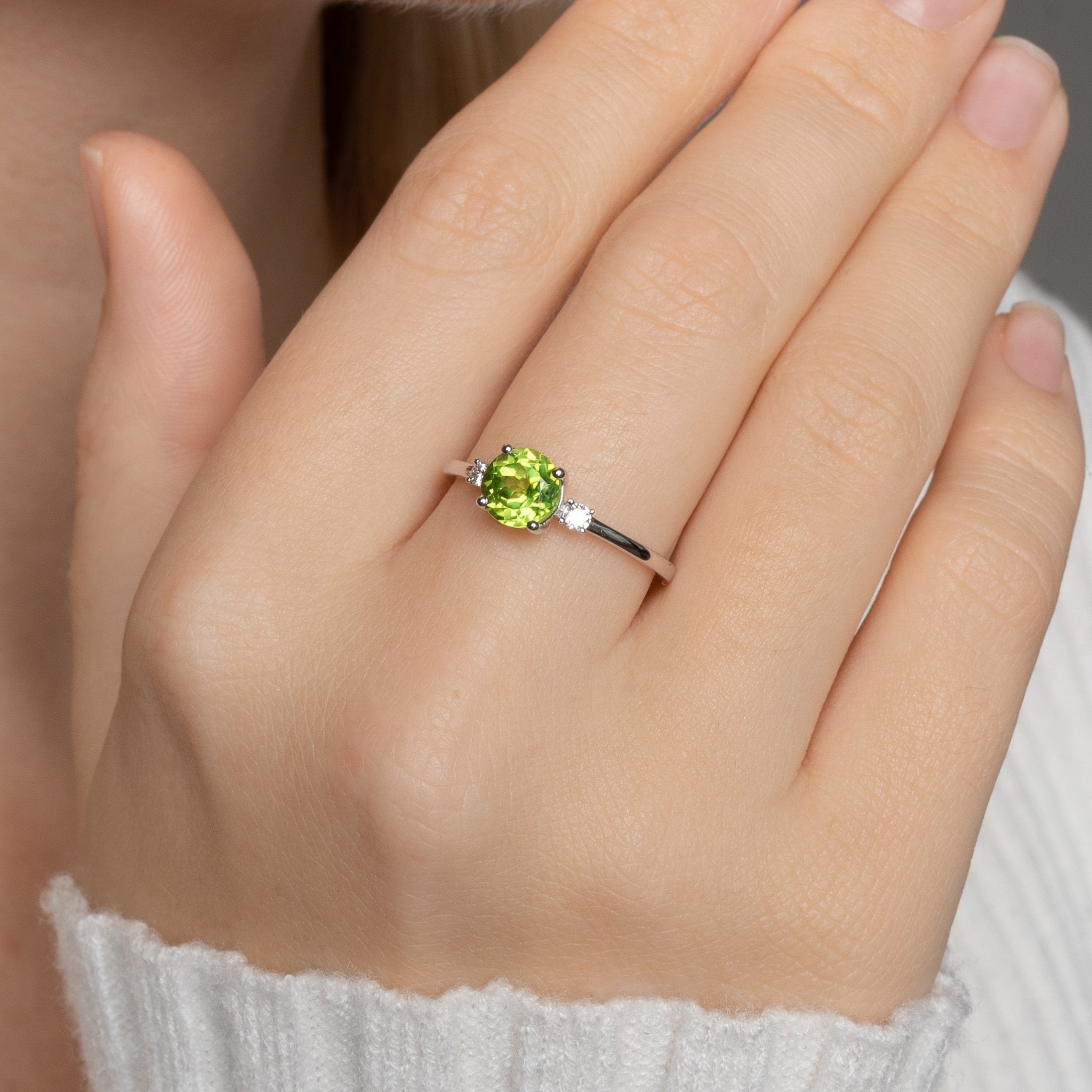 Peridot Three Stone Engagement Ring With Diamond in 14K Solid Gold