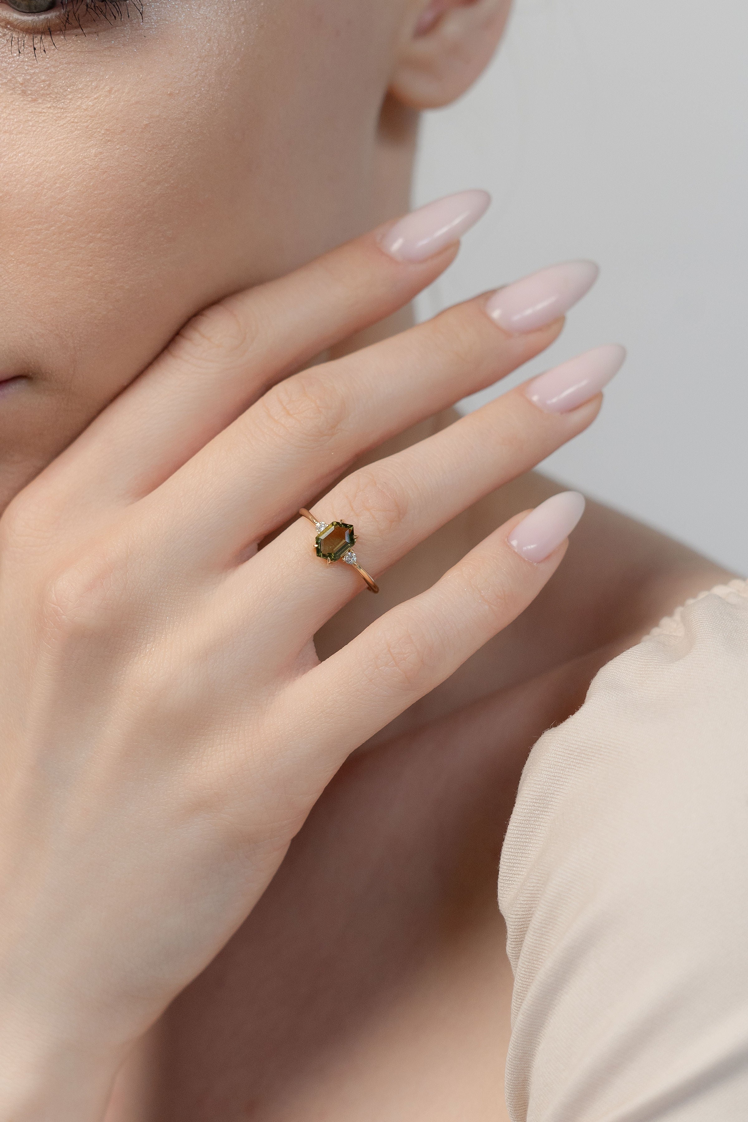 Hexagon Moldavite & Diamond Ring – Trinity