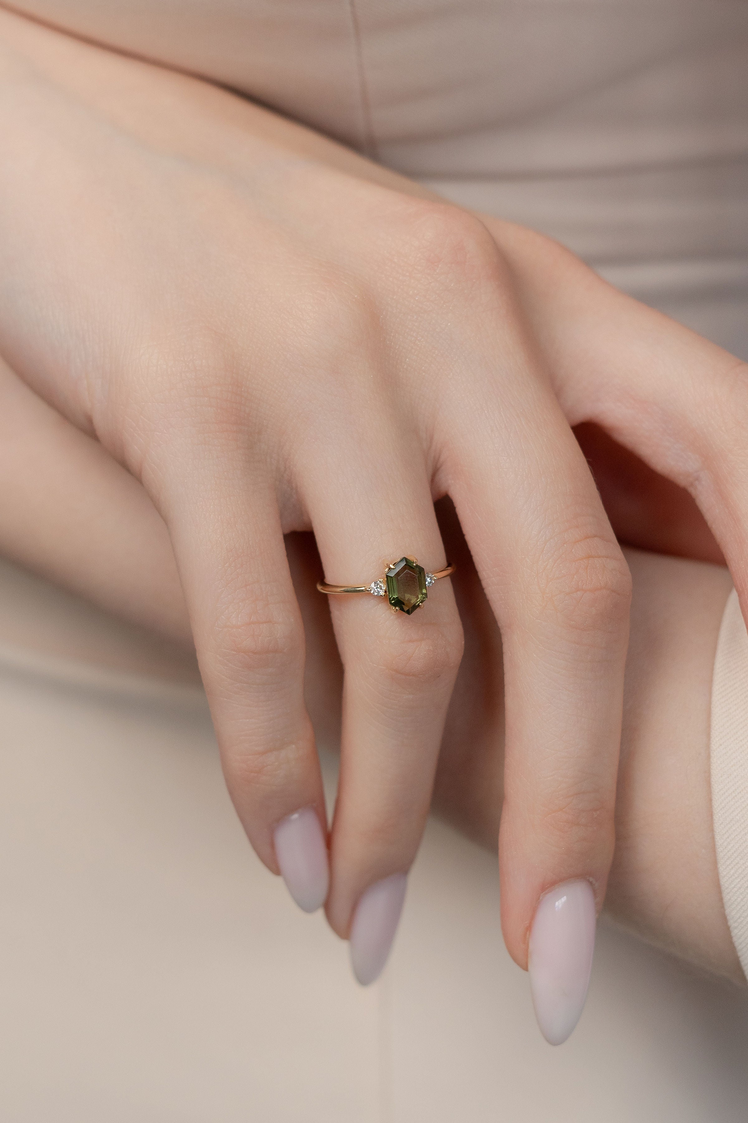 Hexagon Moldavite & Diamond Ring – Trinity