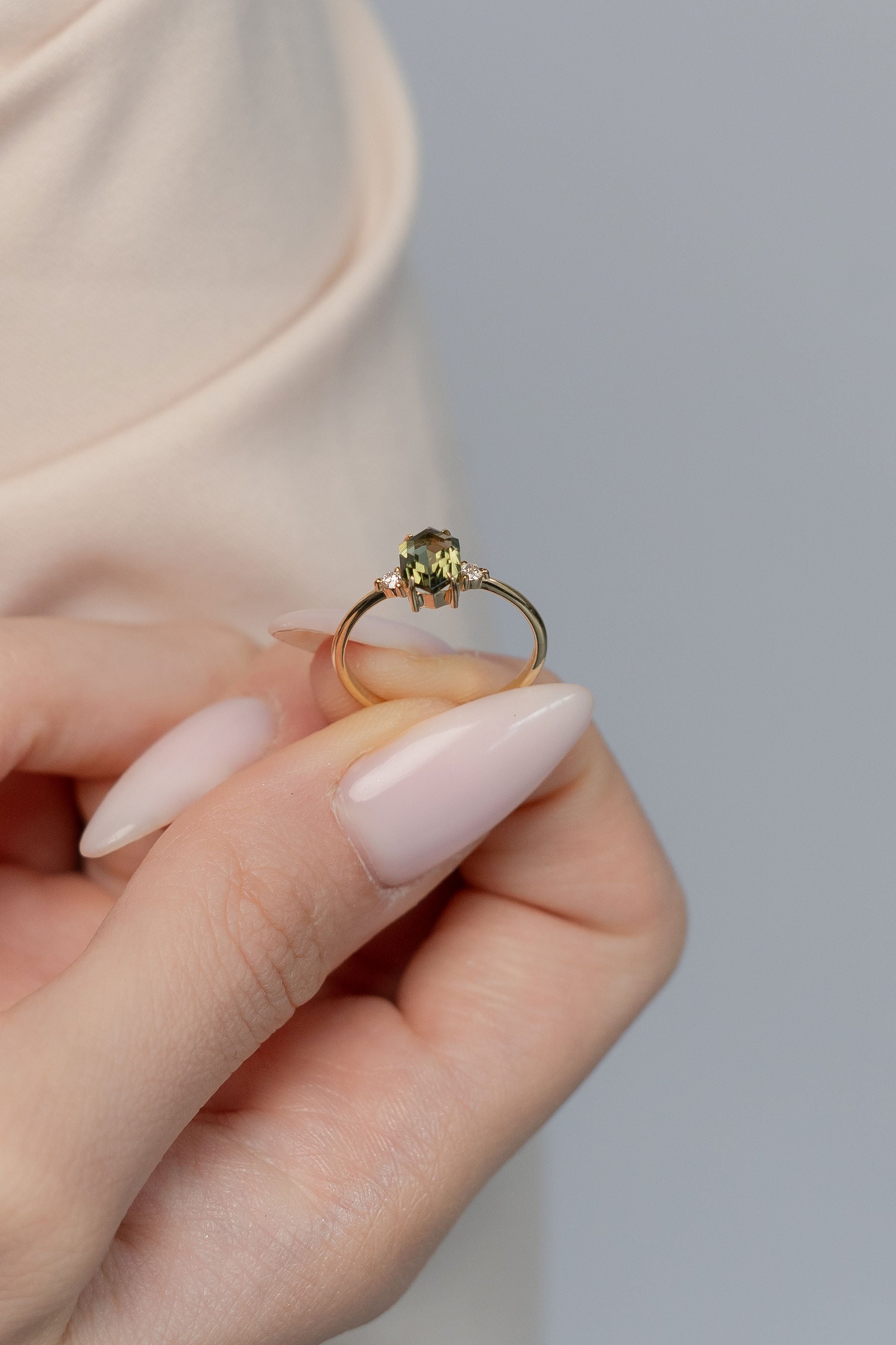 Hexagon Moldavite & Diamond Ring – Trinity