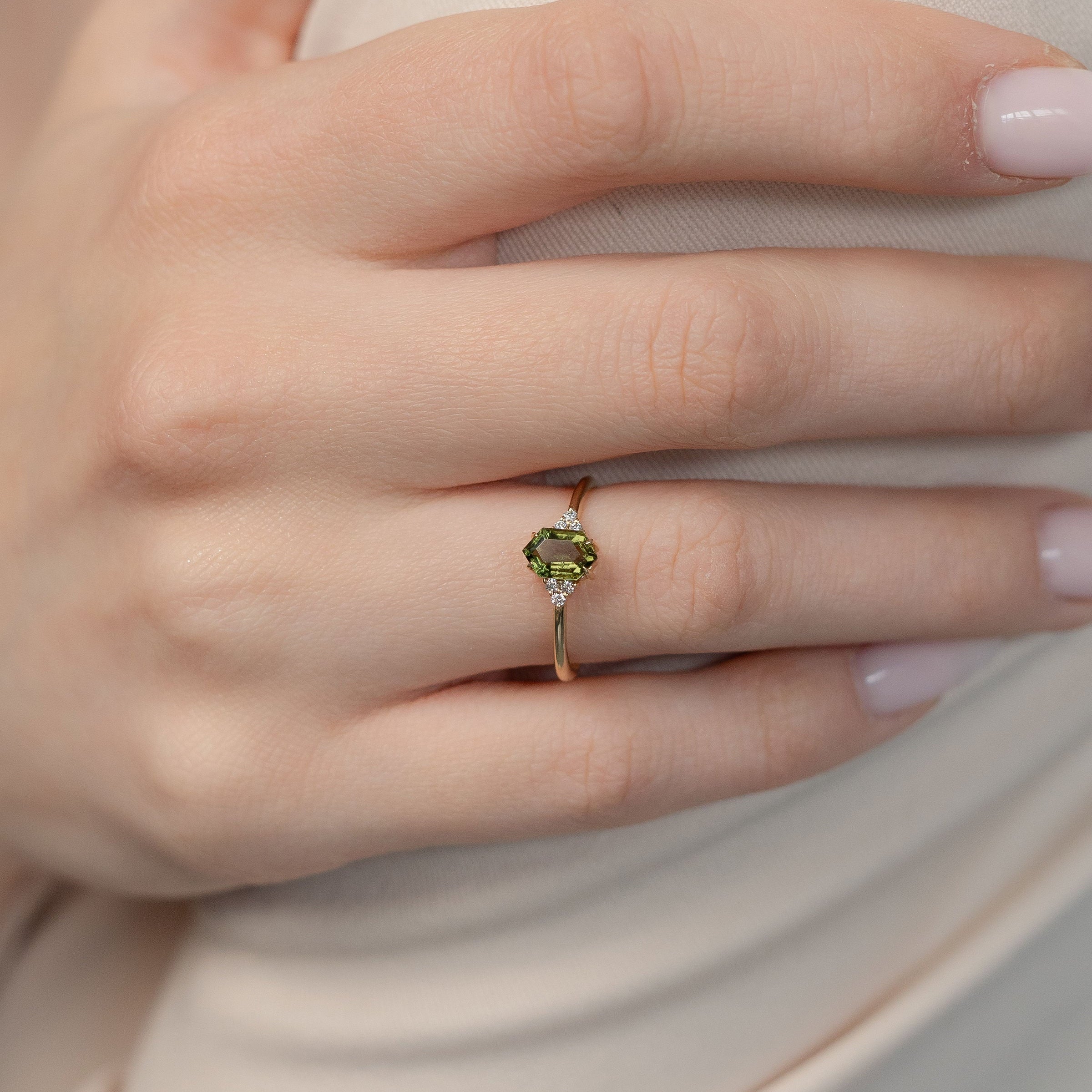 Hexagon Moldavite Engagement Ring With Diamond – Solenne