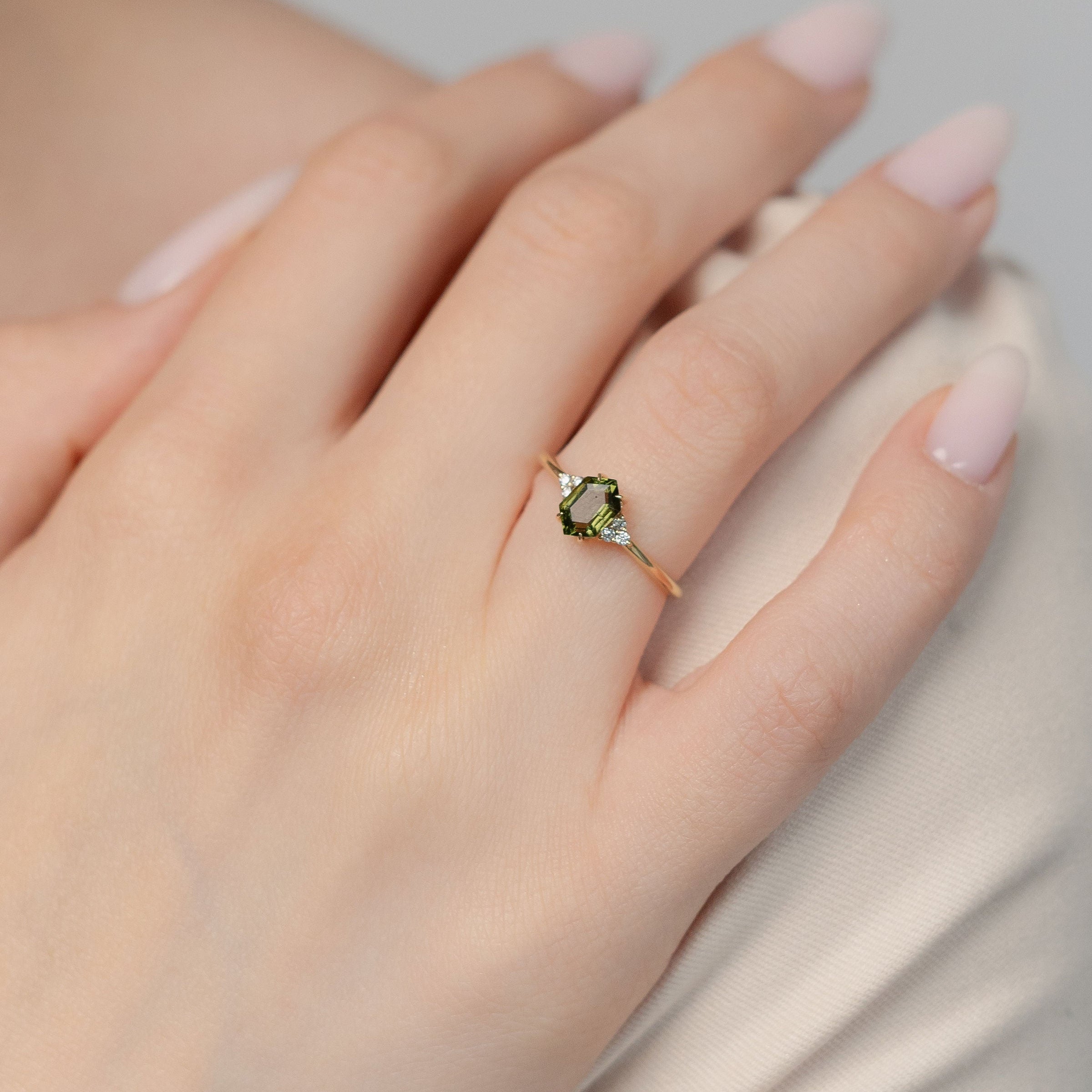 Hexagon Moldavite Engagement Ring With Diamond – Solenne