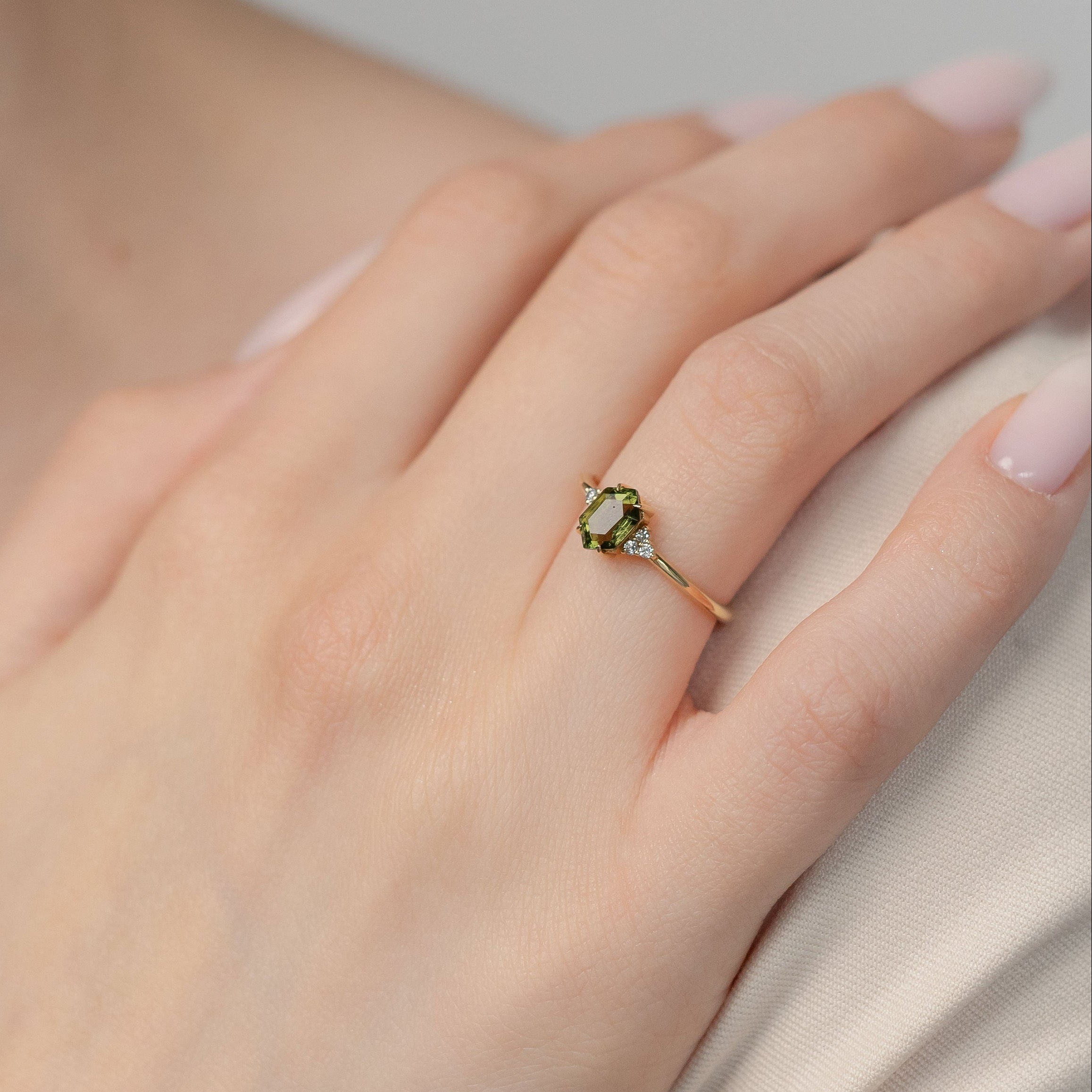 Hexagon Moldavite Engagement Ring With Diamond – Solenne