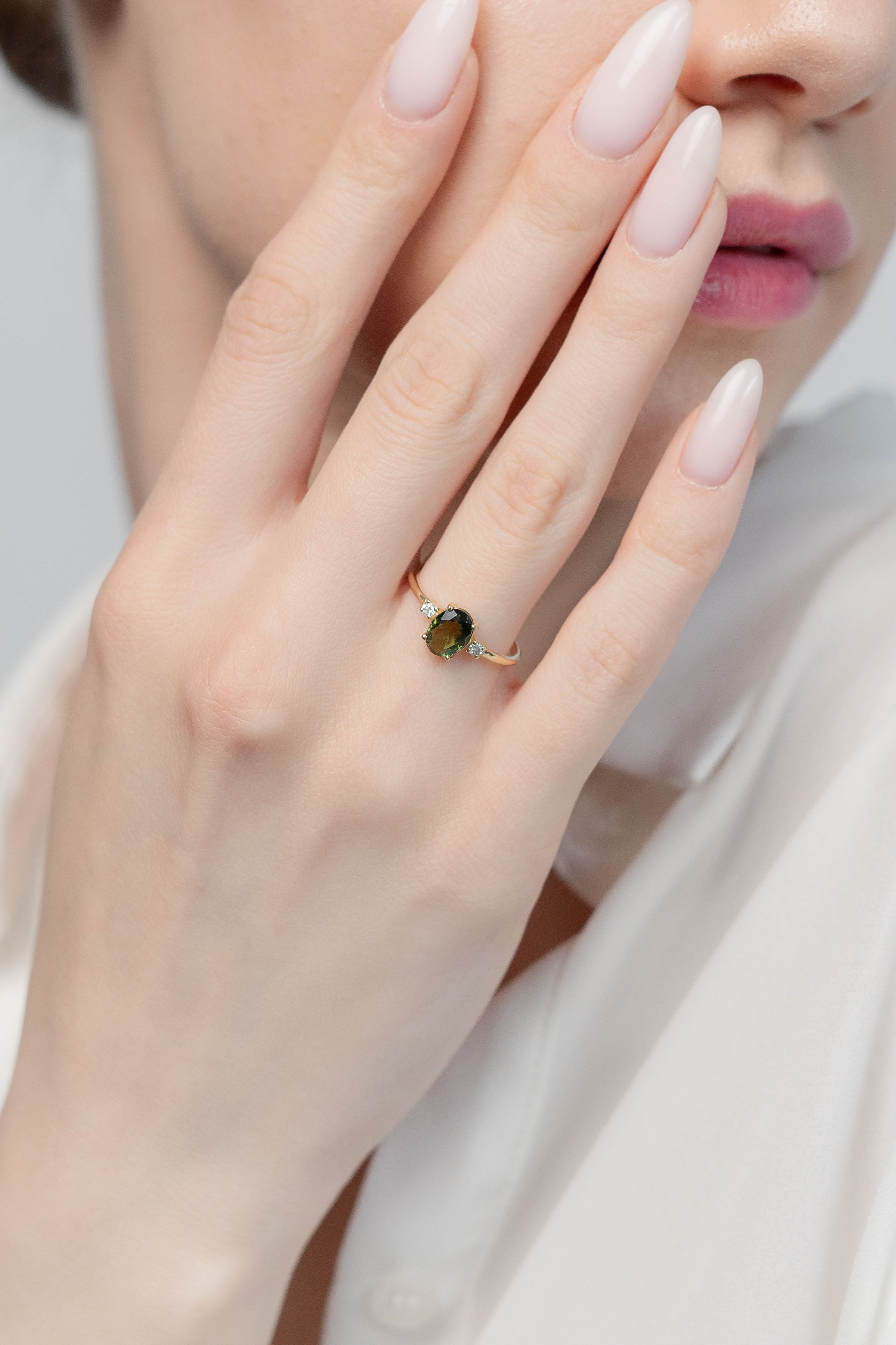 Oval Cut Moldavite Ring With Diamond - Trinity