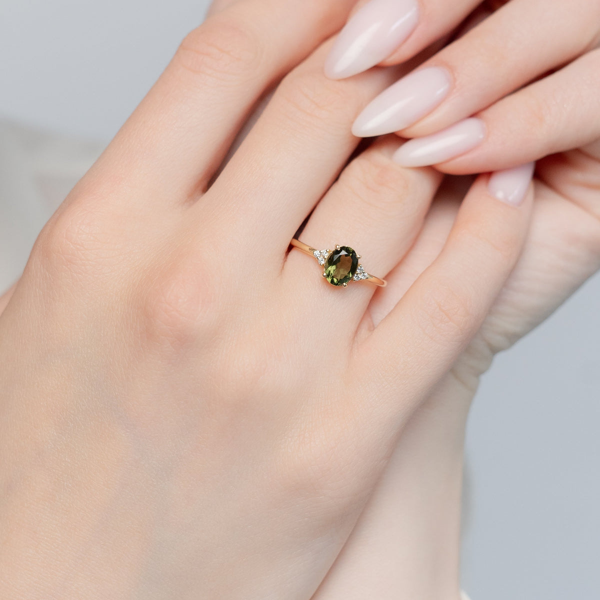 Oval Cut Moldavite Engagement Ring With Diamonds - Solenne