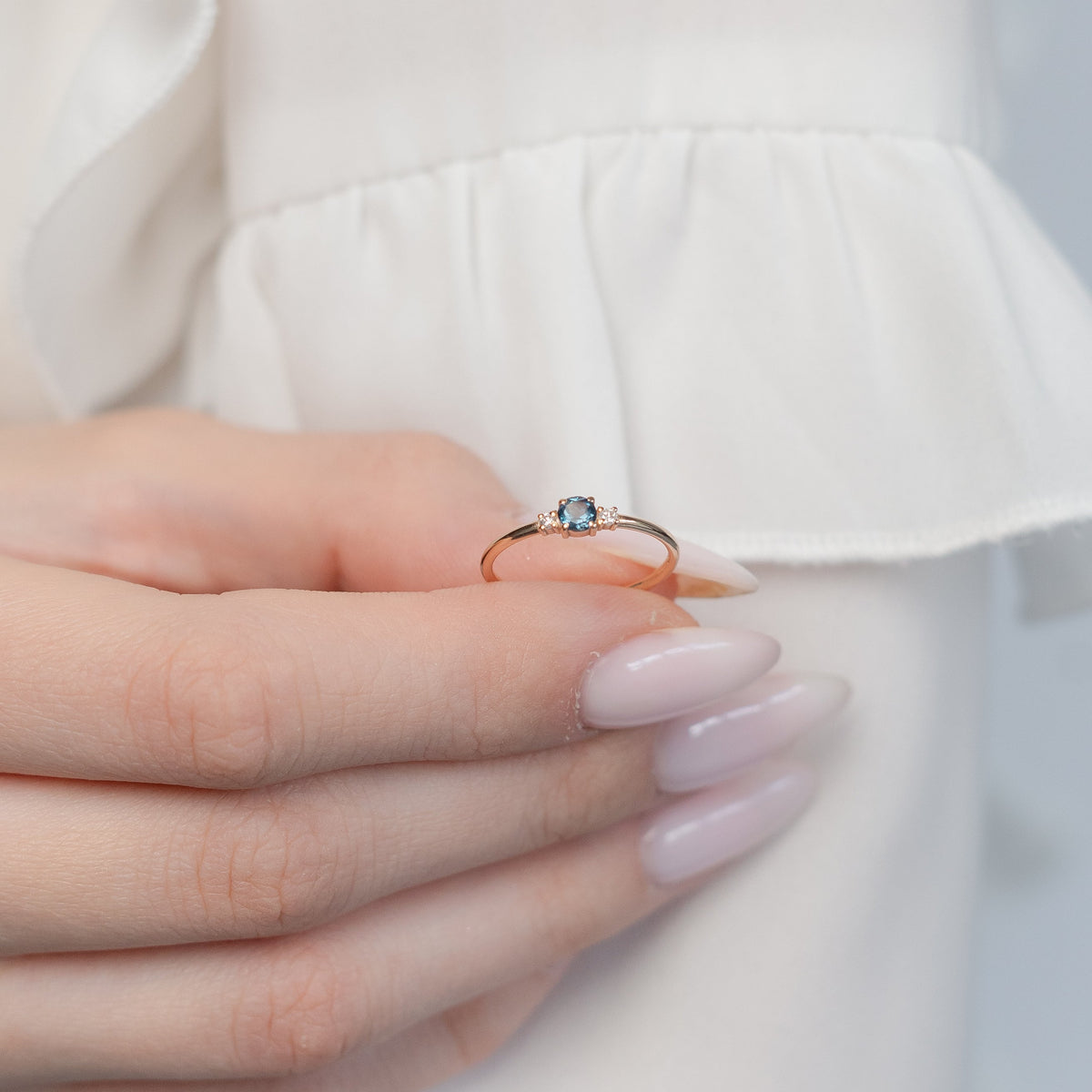 London Blue Topaz Three-Stone Engagement Ring With Diamond in 14K Solid Gold