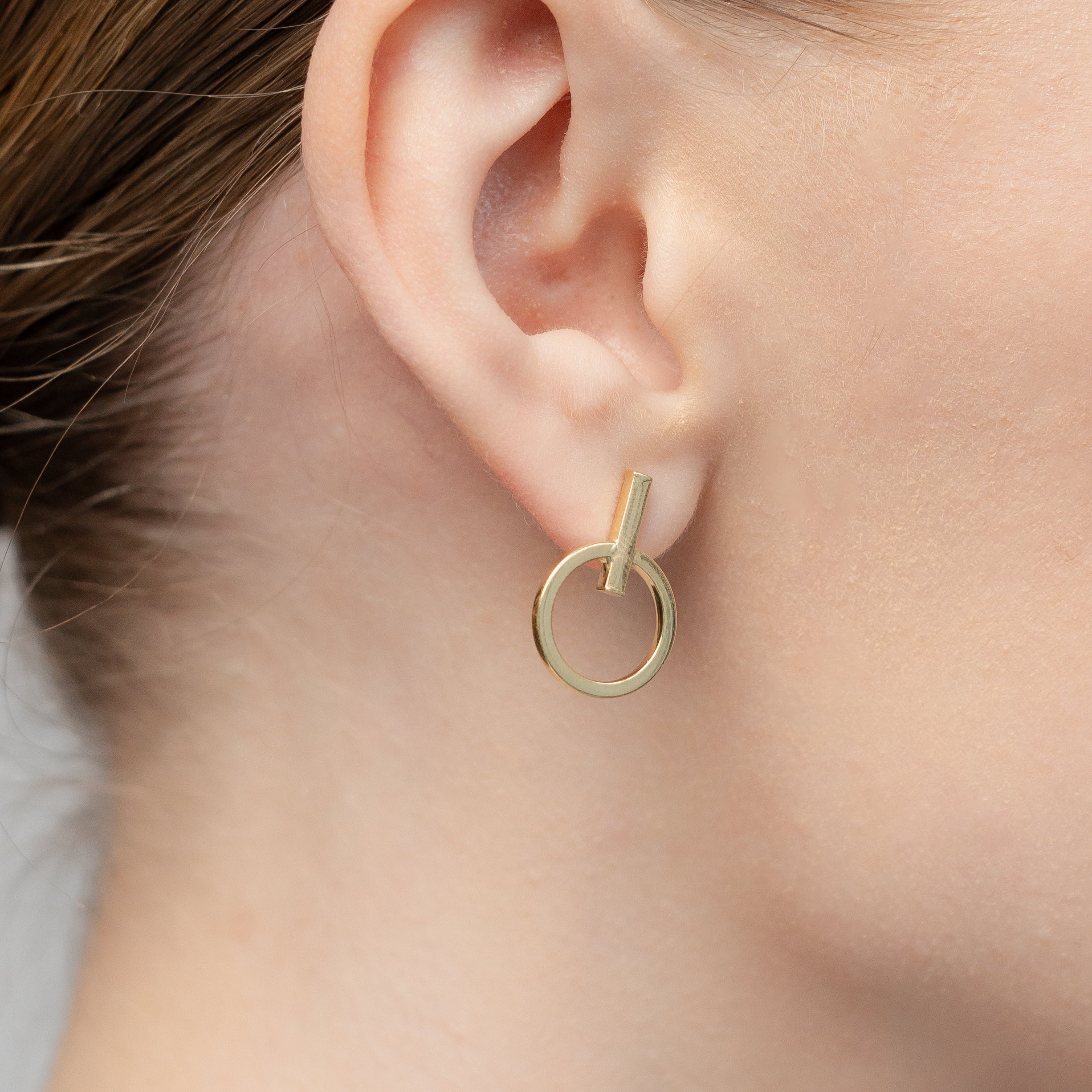 Geometric Circle Bar Stud Earrings In 14K Solid Gold