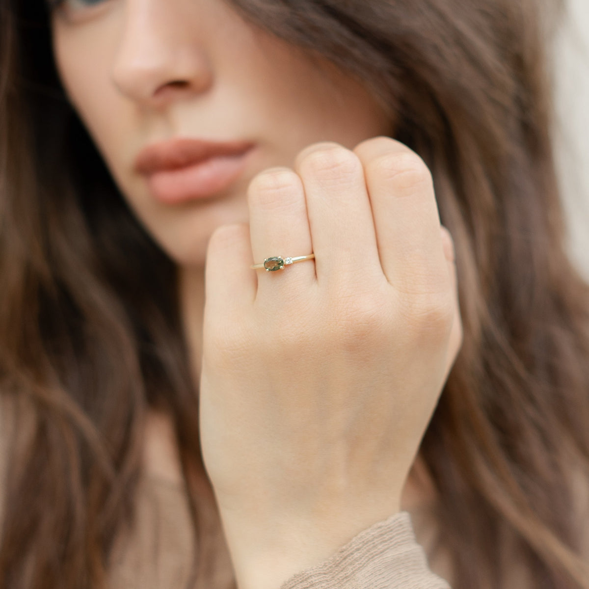 Moldavite Ring With Diamond - Duo