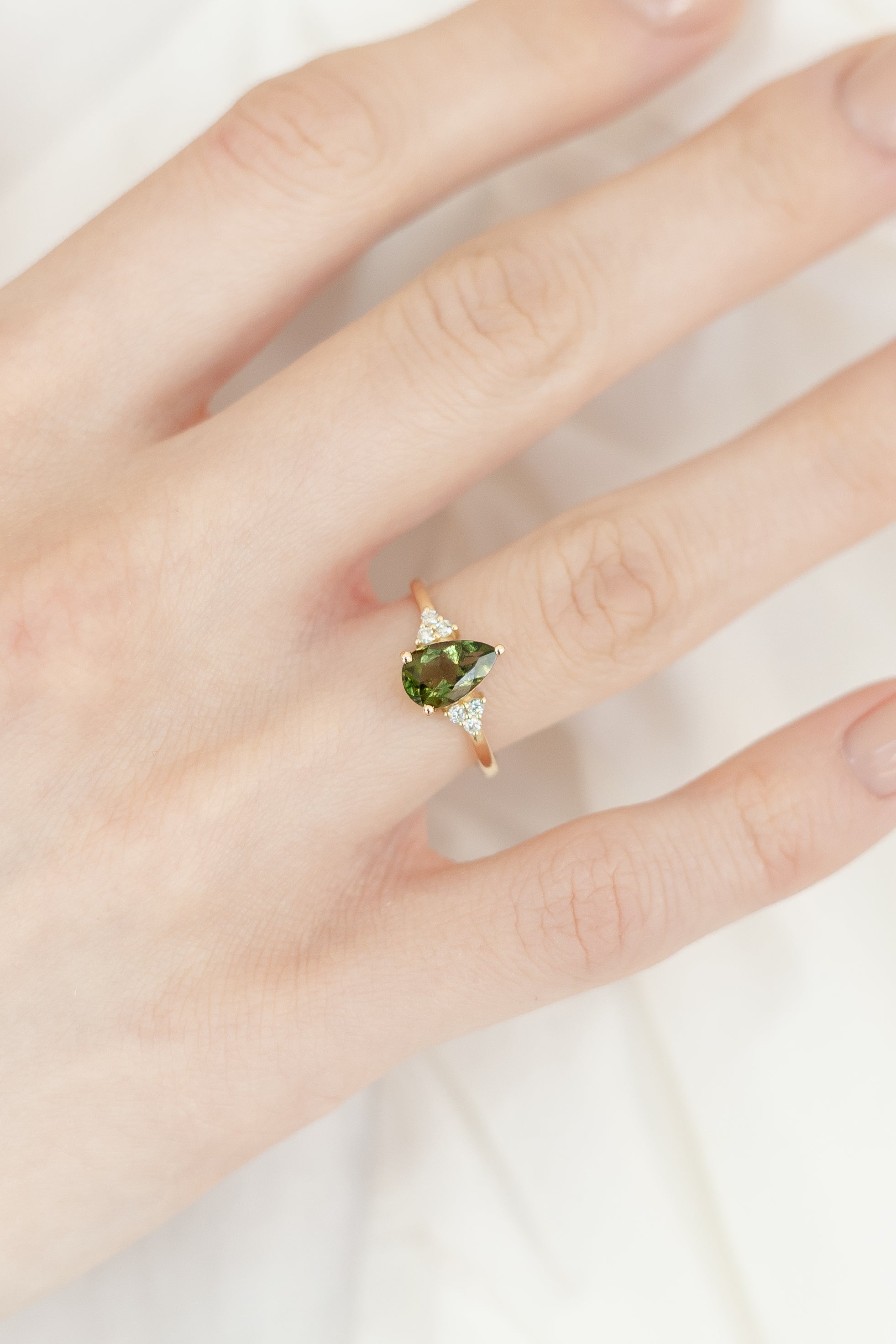 Pear Cut Moldavite Engagement Ring With Diamond - Solenne