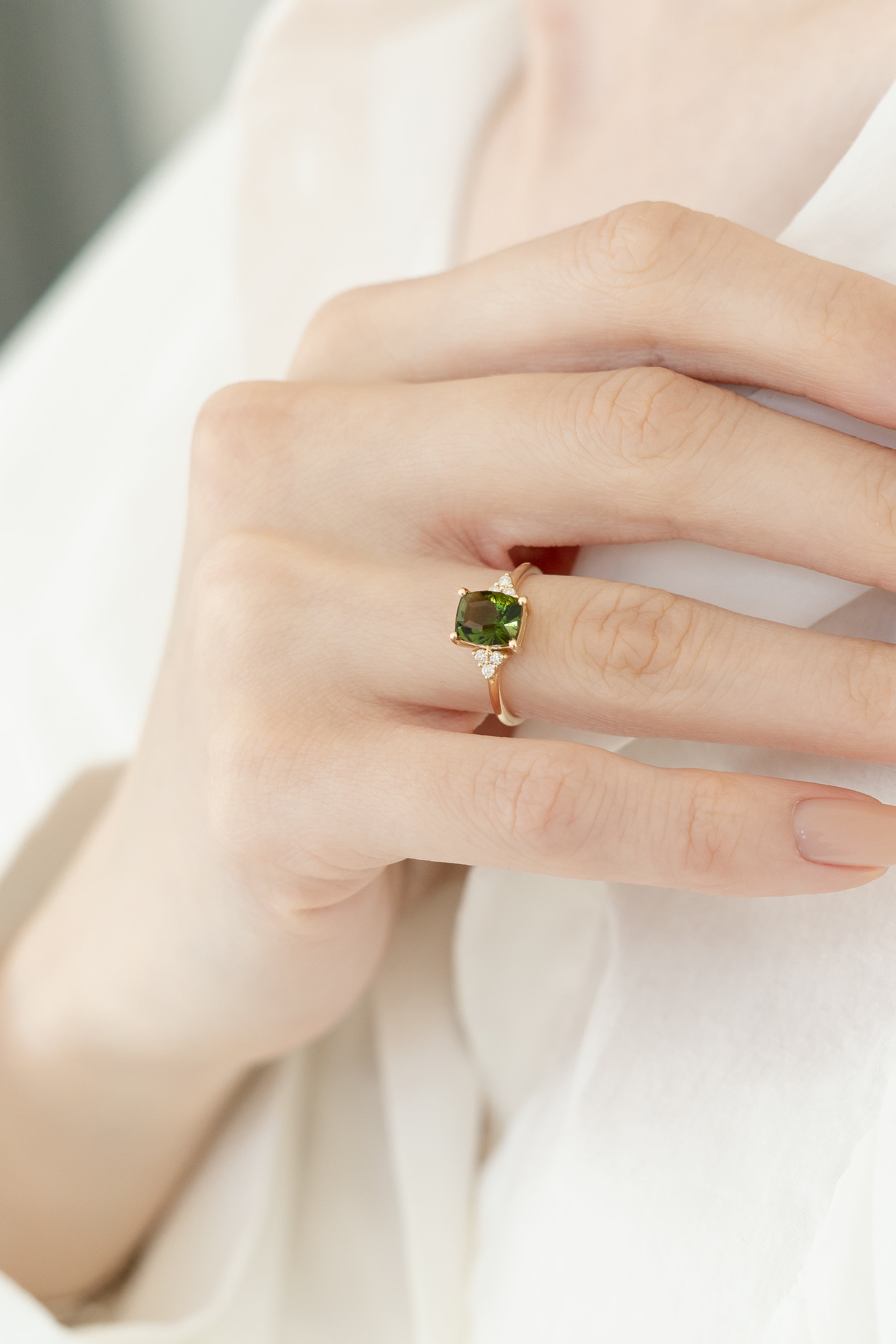 Emerald Cut Moldavite 14K Gold Ring With Diamonds – Solenne