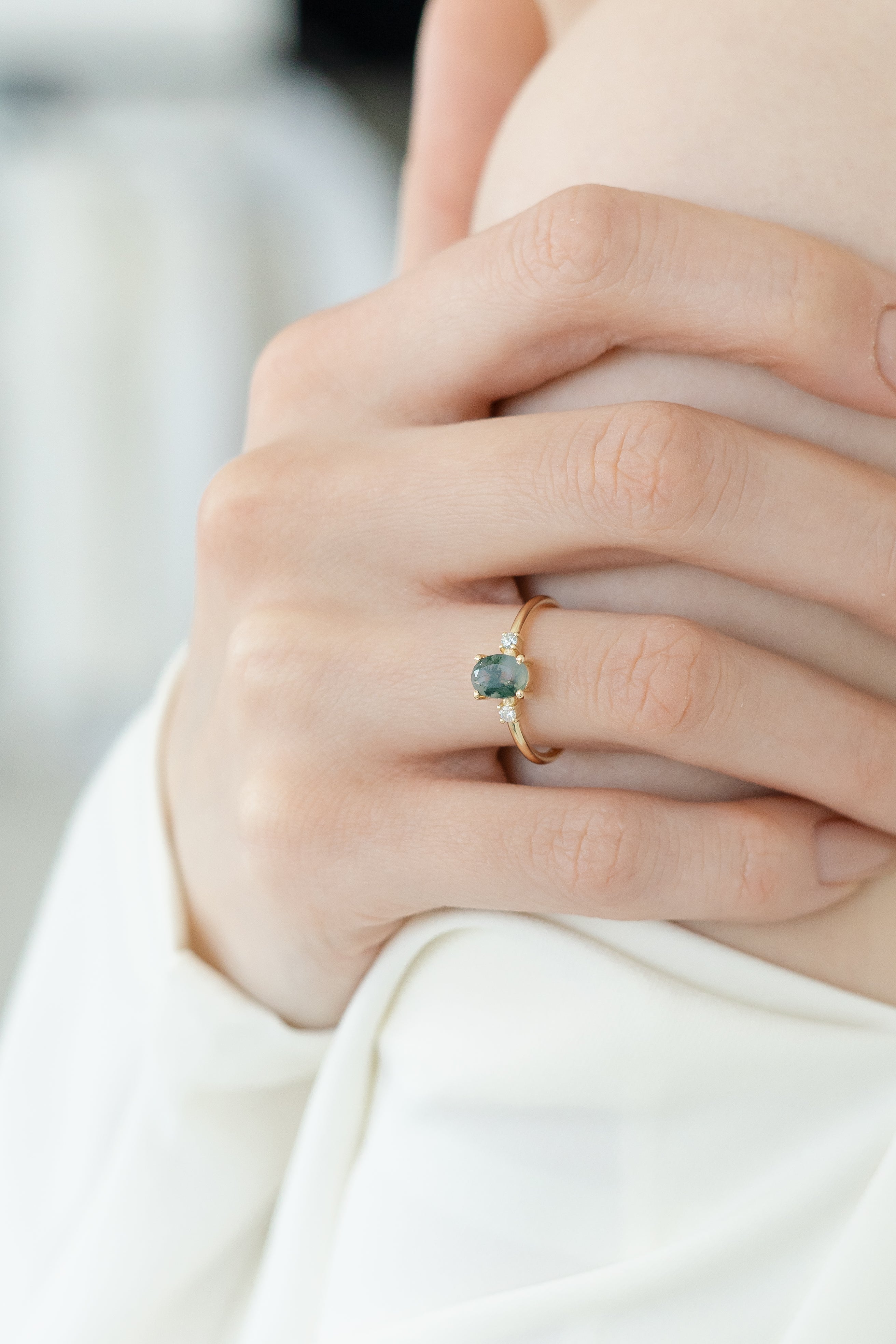 Oval Moss Agate Engagement Ring With Diamond - Trinity