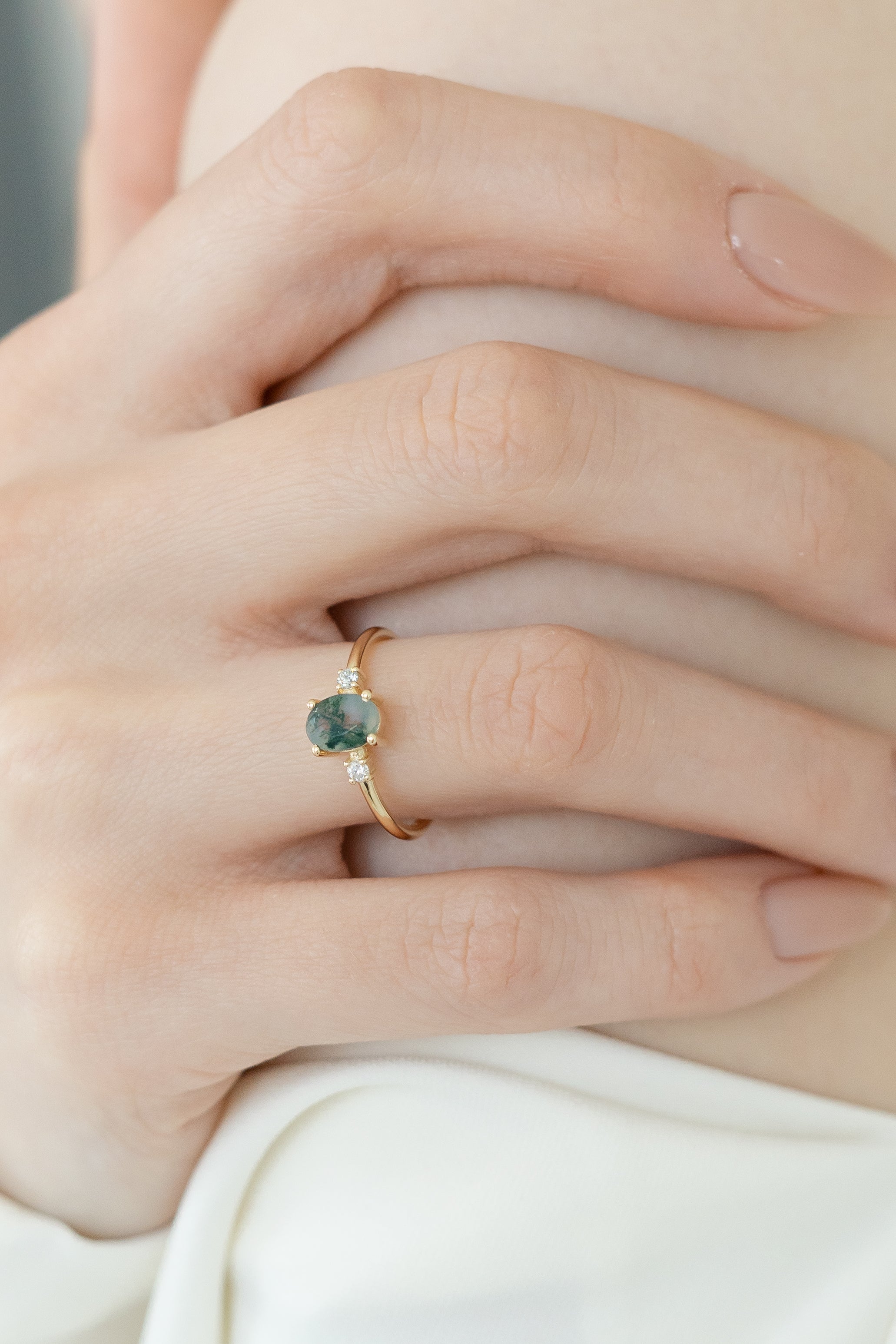 Oval Moss Agate Engagement Ring With Diamond - Trinity