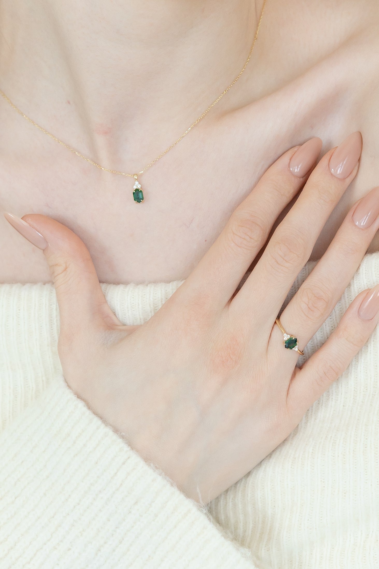 14K Gold Hexagon Green Sapphire Necklace with Diamonds