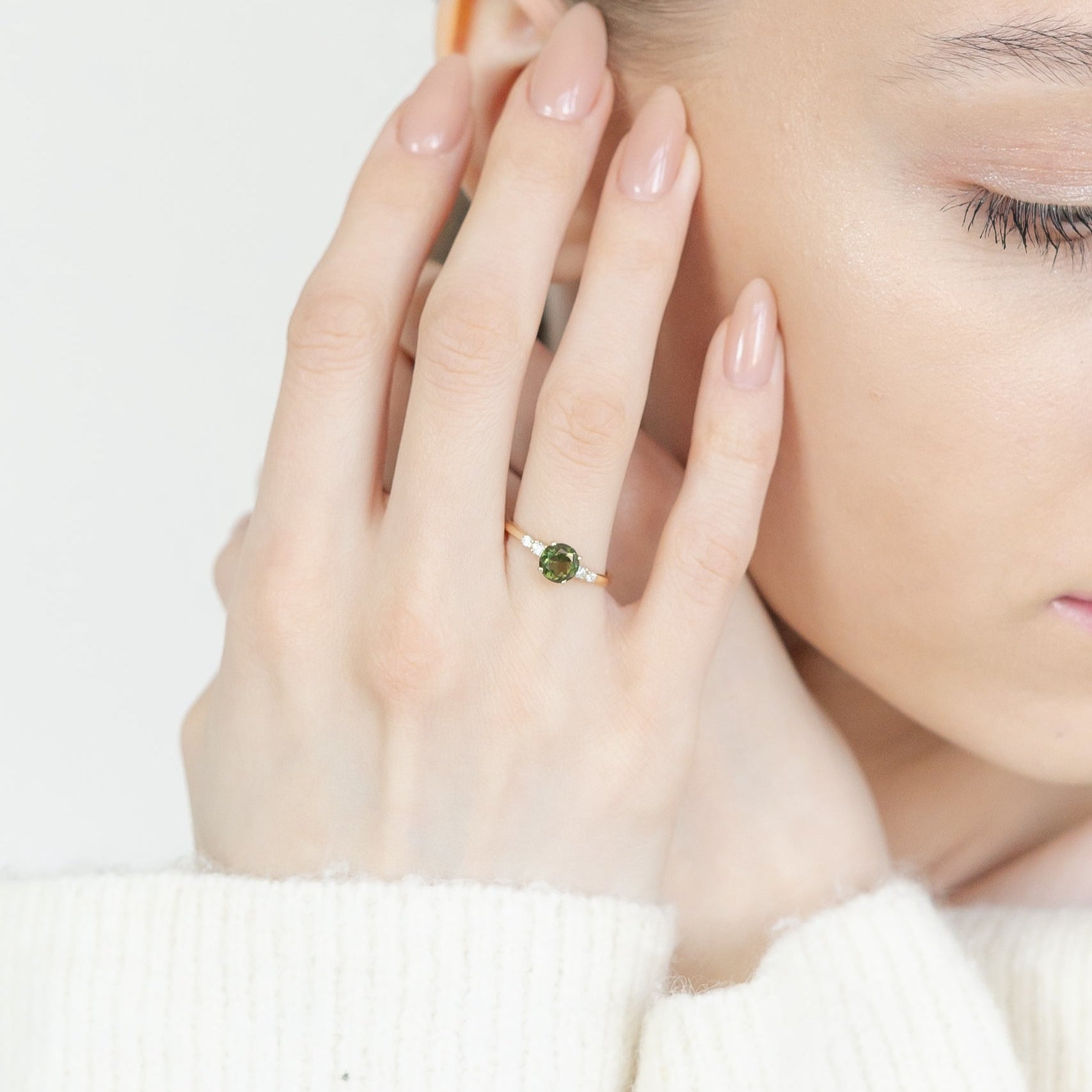 Delicate Moldavite Engagement Ring With Diamond