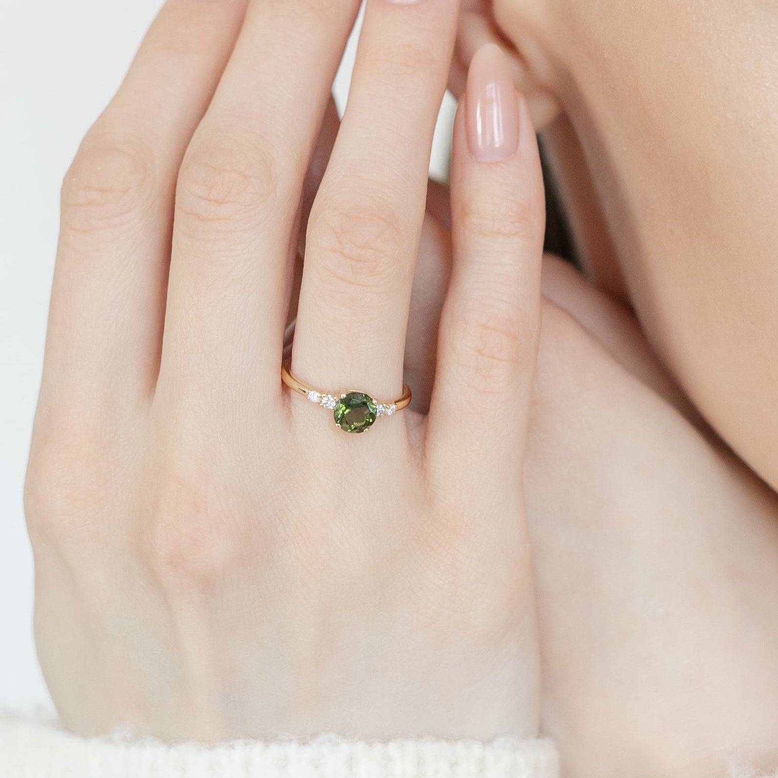 Delicate Moldavite Engagement Ring With Diamond