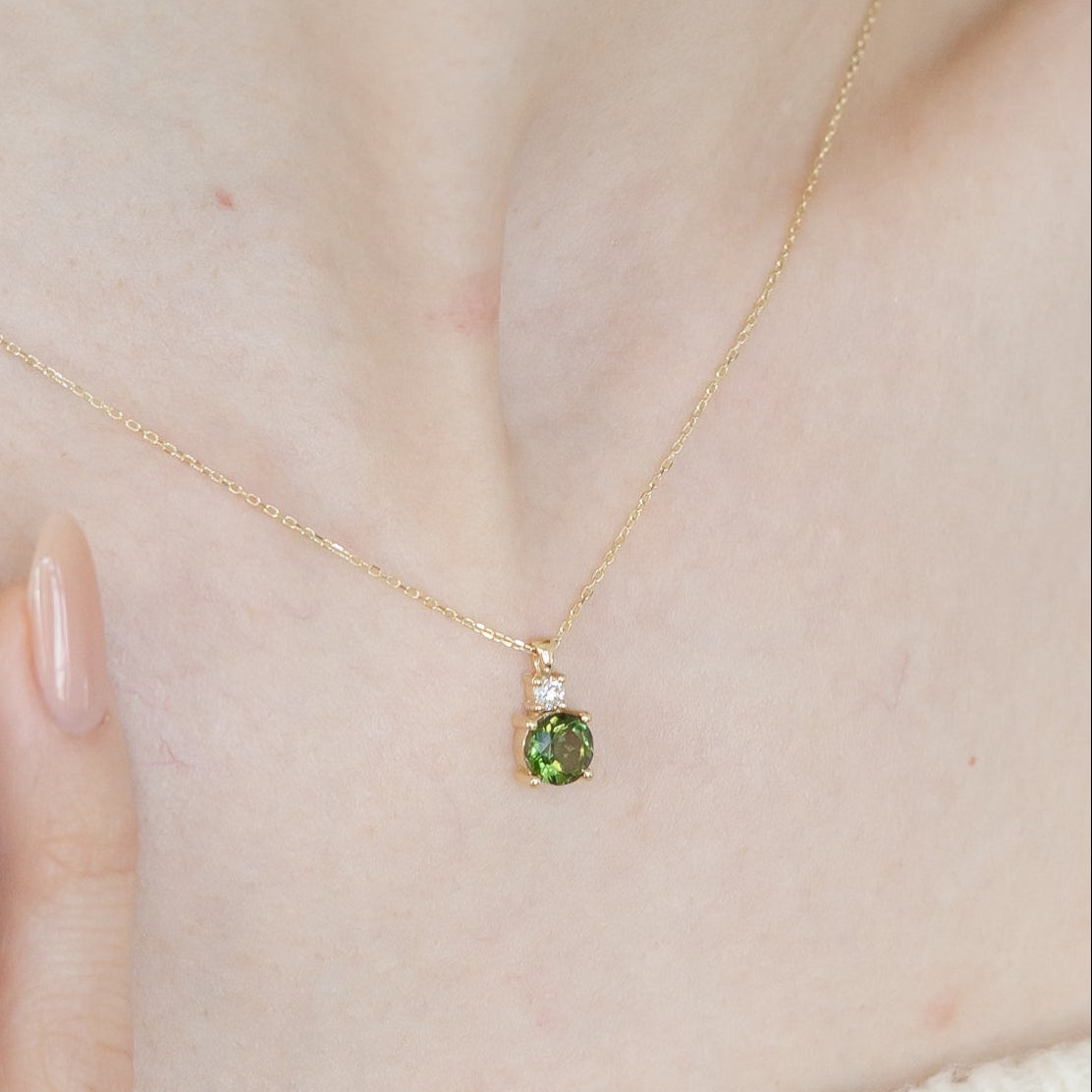 Round Cut Moldavite Necklace With Diamond