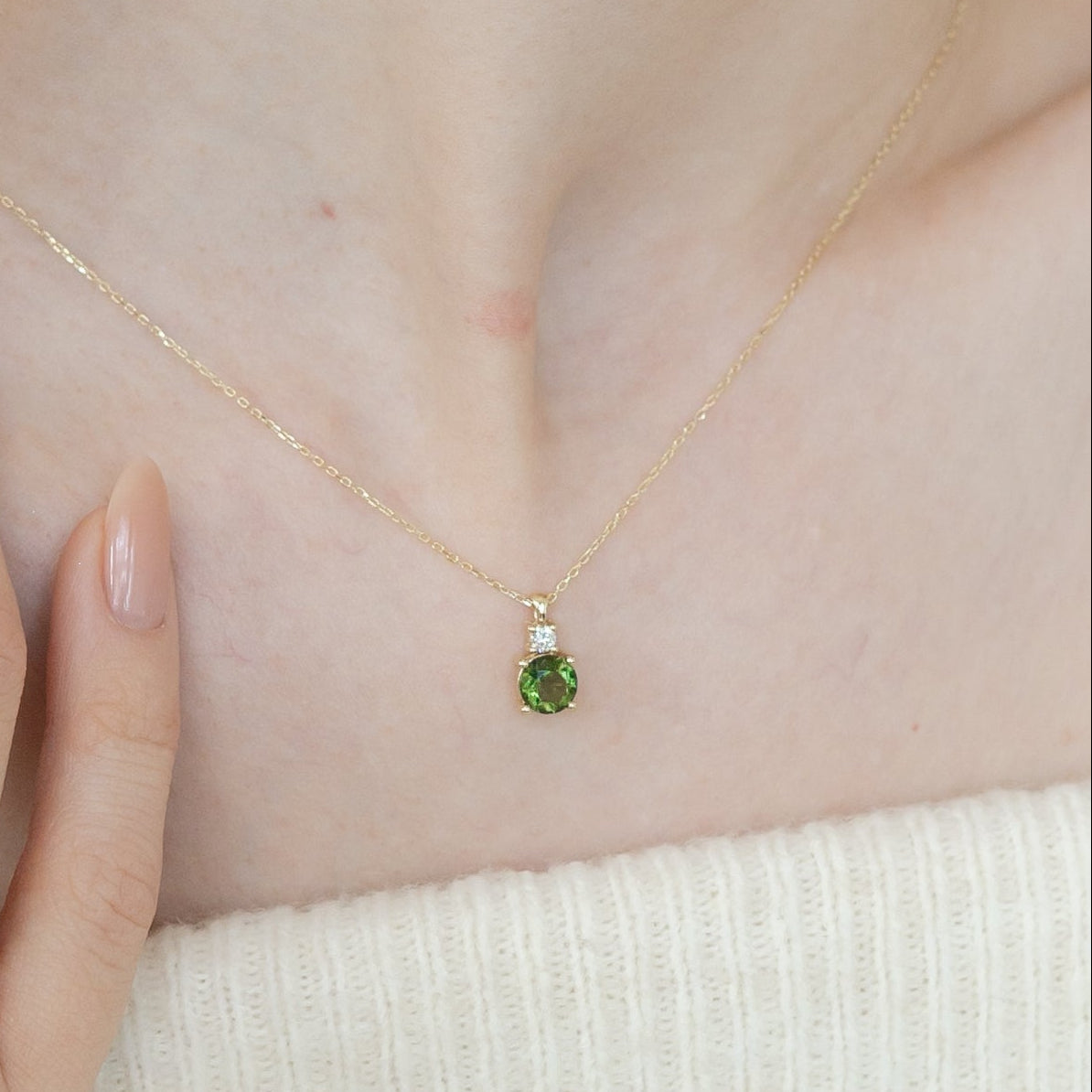 Round Cut Moldavite Necklace With Diamond