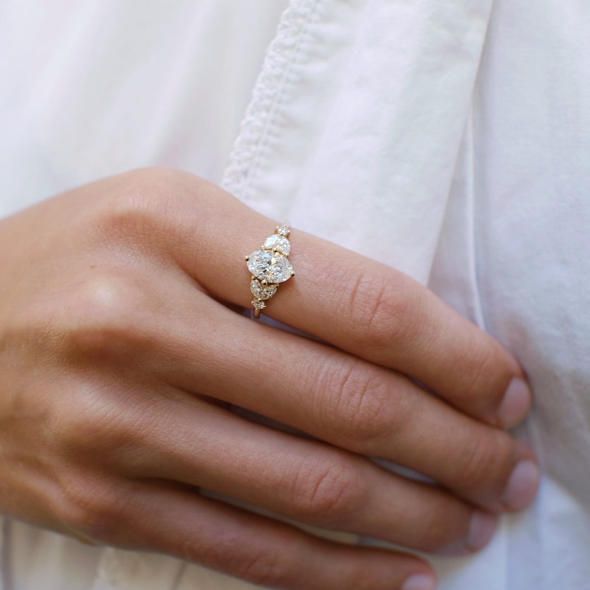 Oval Cut Diamond Engagement Ring with Marquise Side Diamonds - Lab Grown