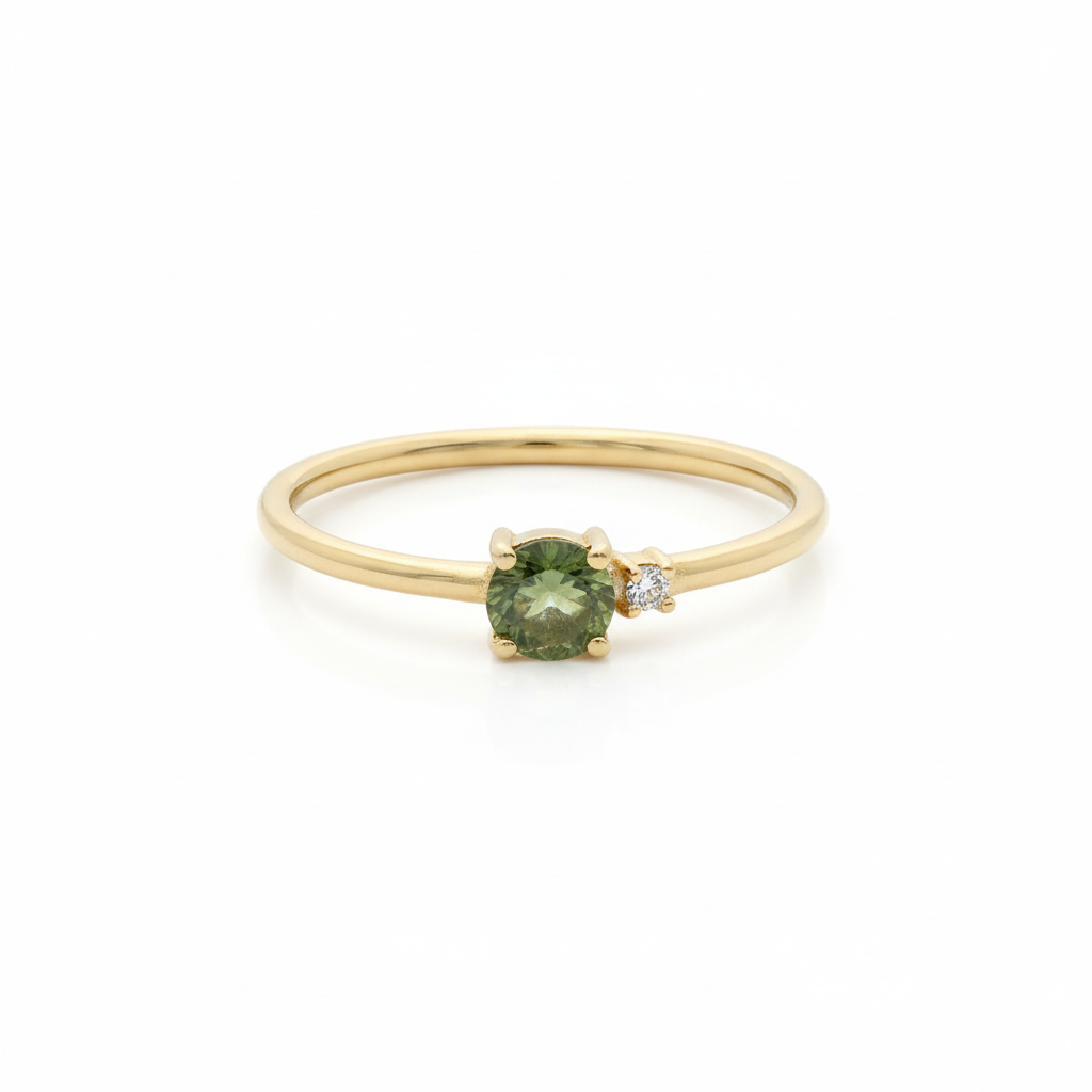 Dainty Round Moldavite Engagement Ring with Diamond