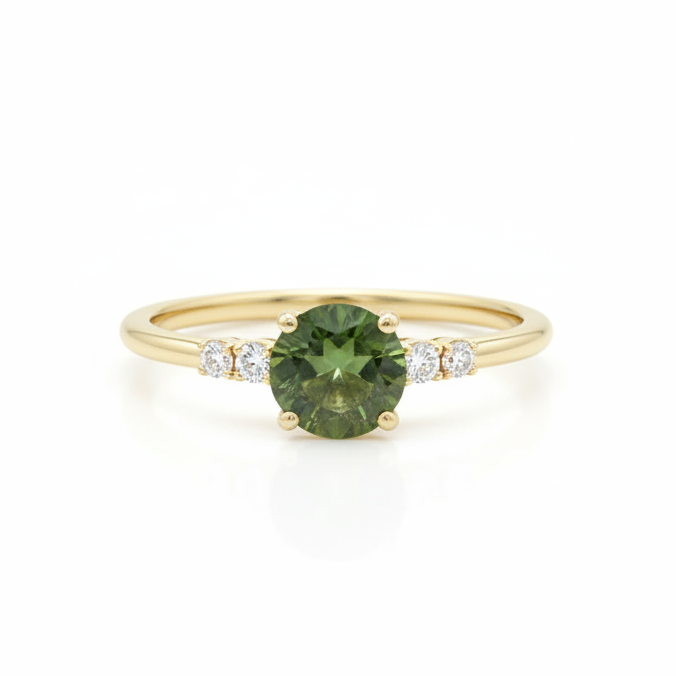 Zarter Moldavit Verlobungsring mit Diamanten