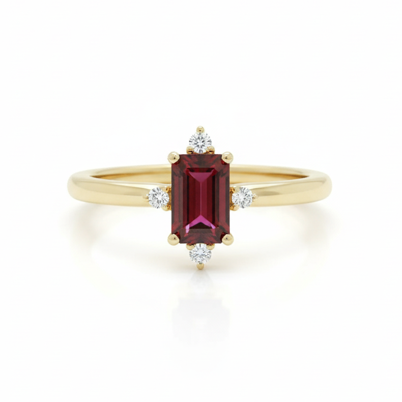 Emerald Cut Garnet Ring With Diamond
