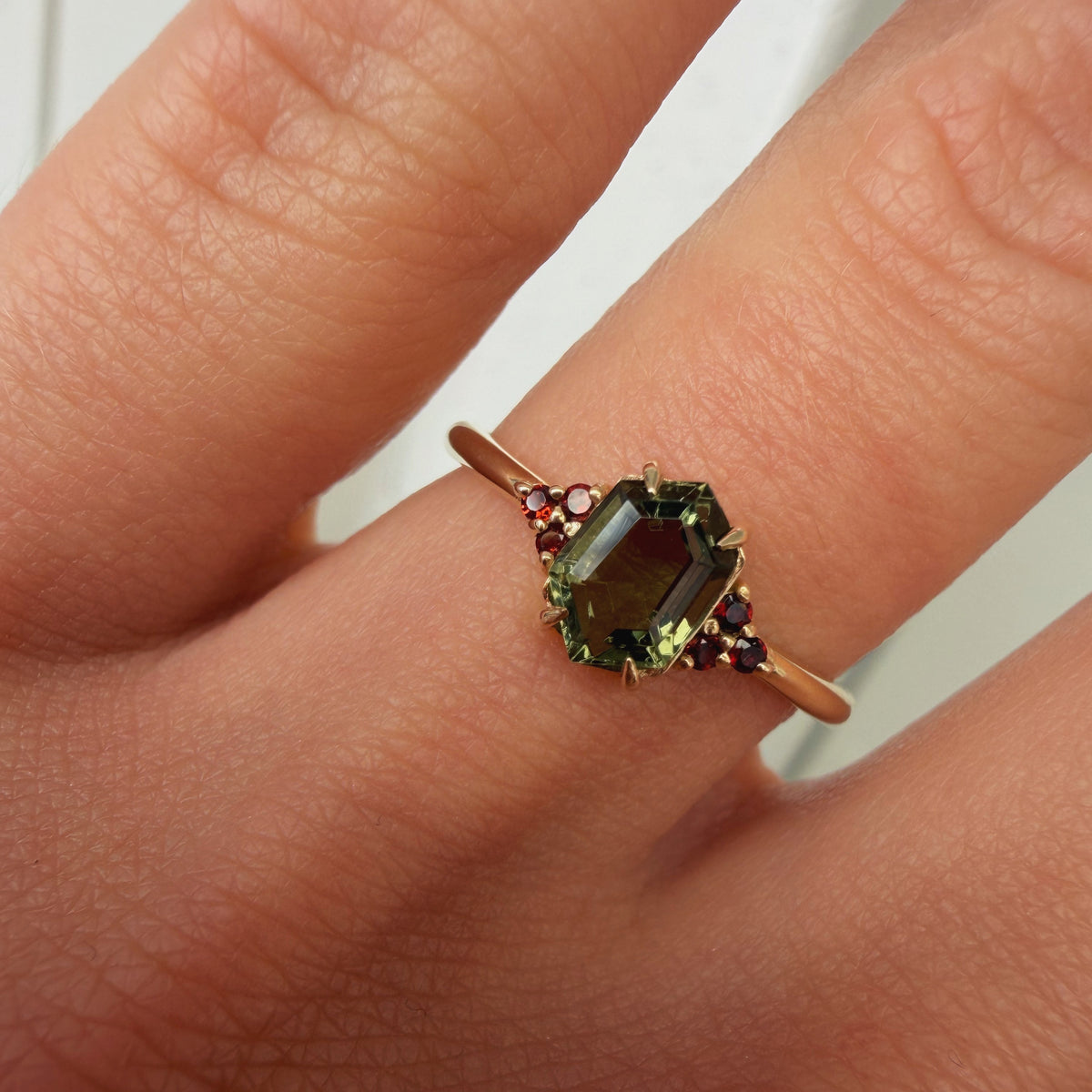 Hexagon Moldavite & Garnet Engagement Ring - Solenne