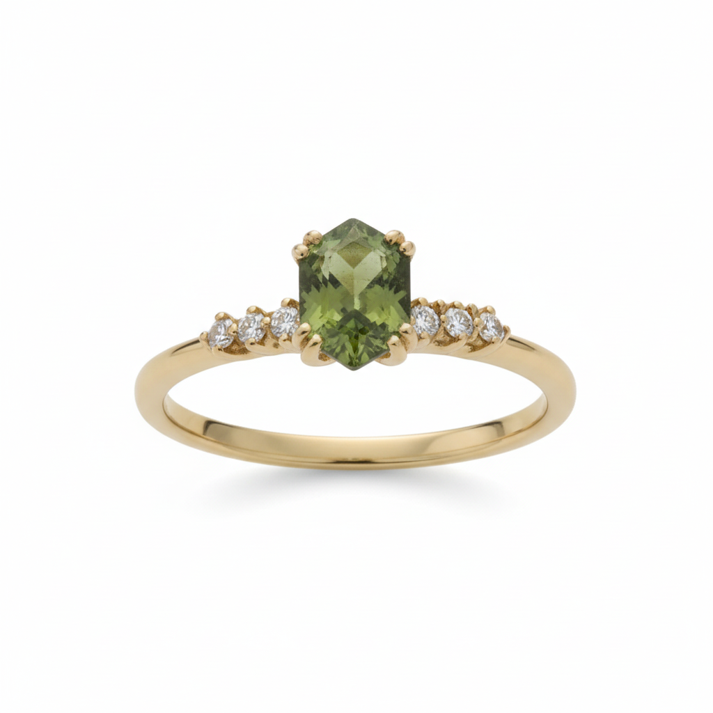 Hexagon Cut Moldavite Ring With Diamond