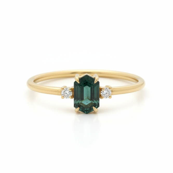 Hexagon Green Sapphire Three Stone Engagement Ring With Diamond
