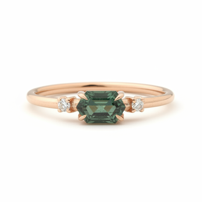 Horizontal Hexagon Green Sapphire Engagement Ring with Diamond