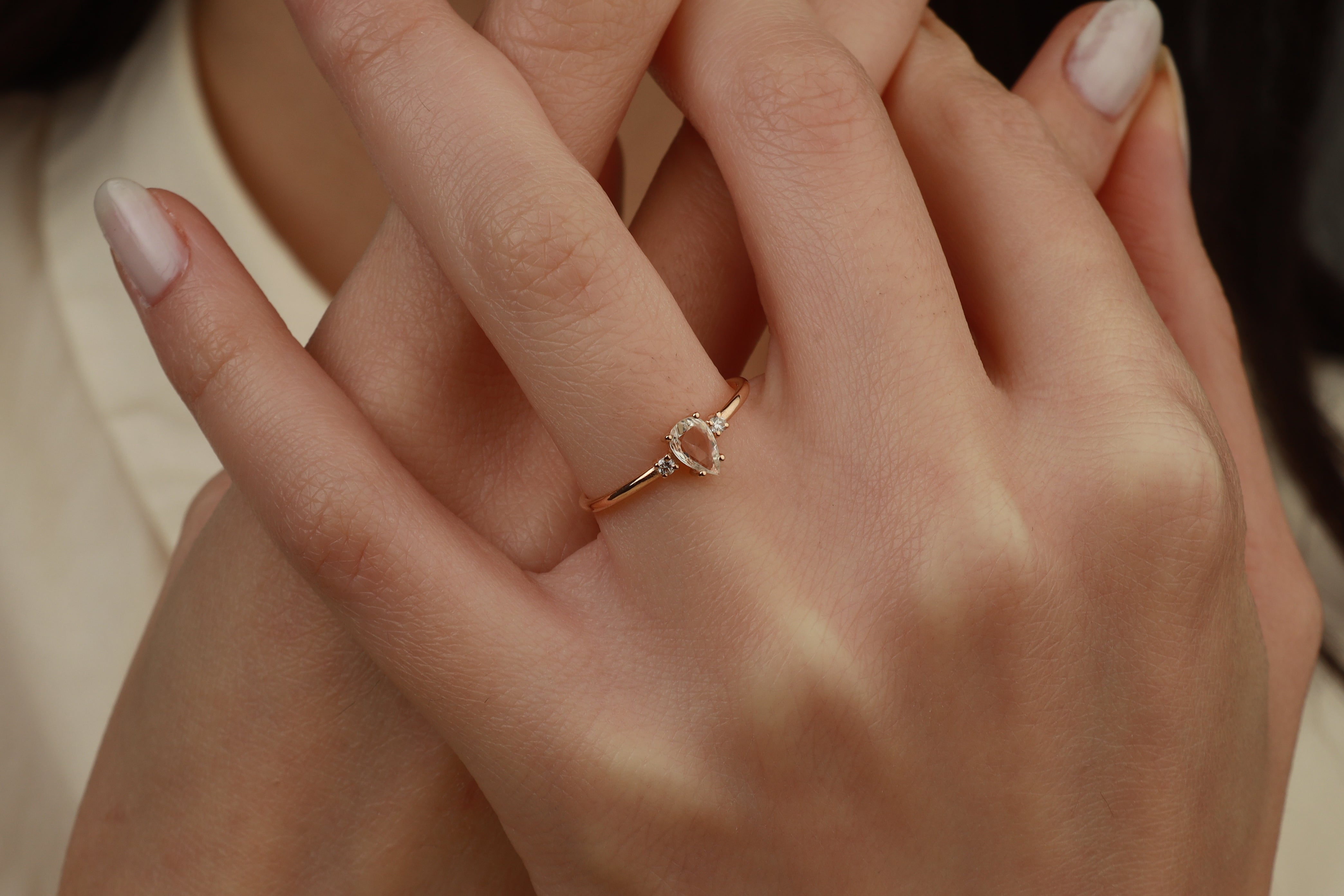 Pear Rose Cut White Sapphire & Diamond Ring – Trinity
